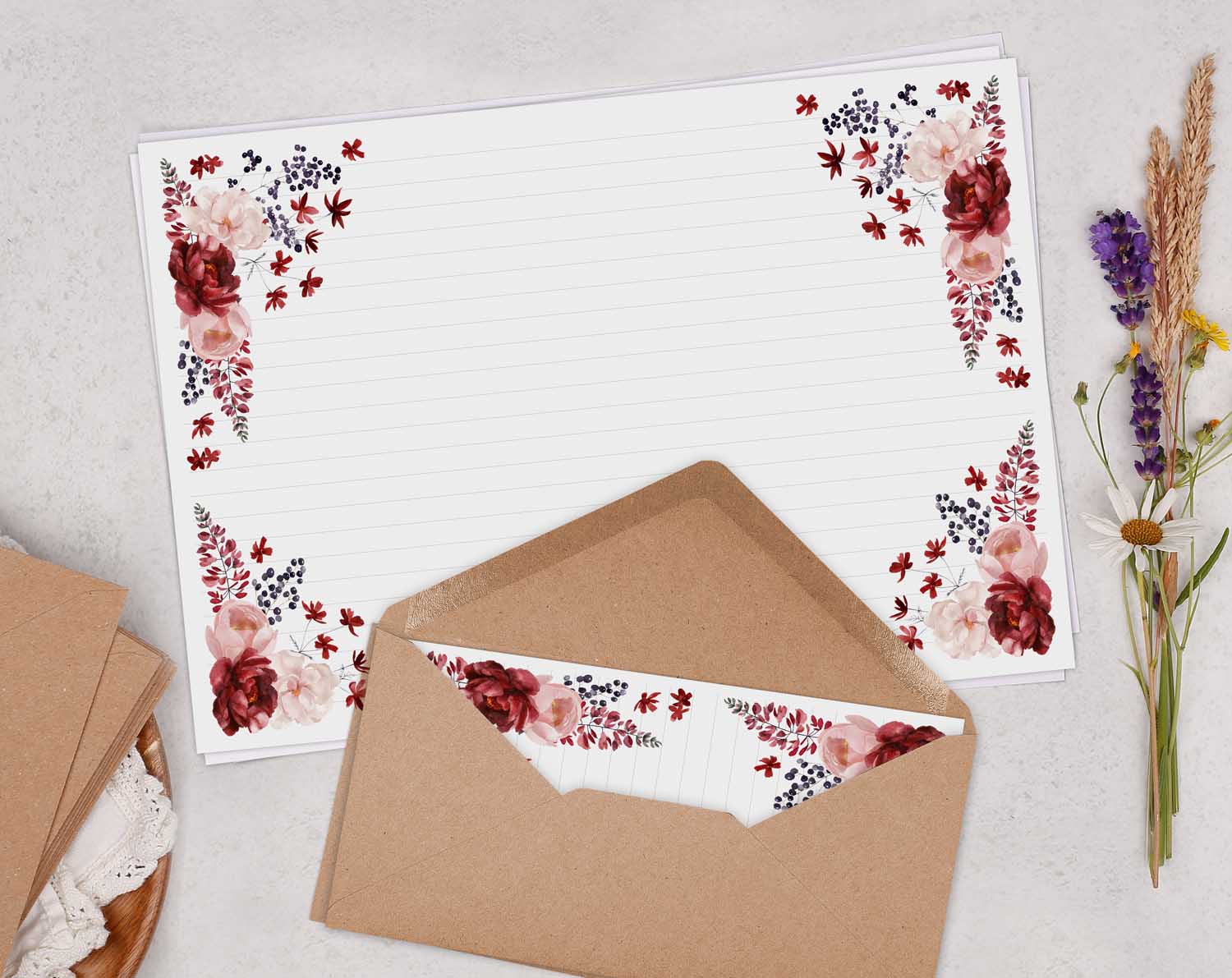 A4 Landscape Writing Paper With Red Flowers