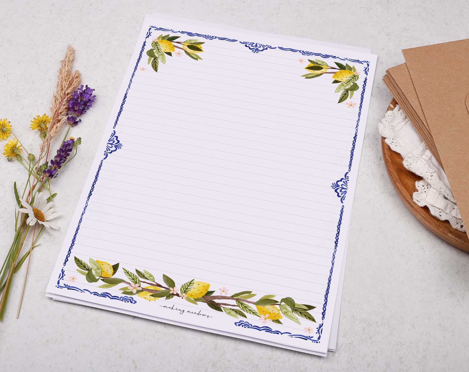 A4 letter writing paper sheets with a border of botanical lemons. A super cute Mediterranean design