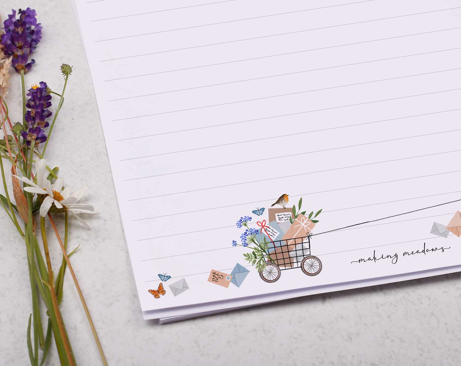 A4 letter writing paper sheets with an illustration of a fox on a bike.
