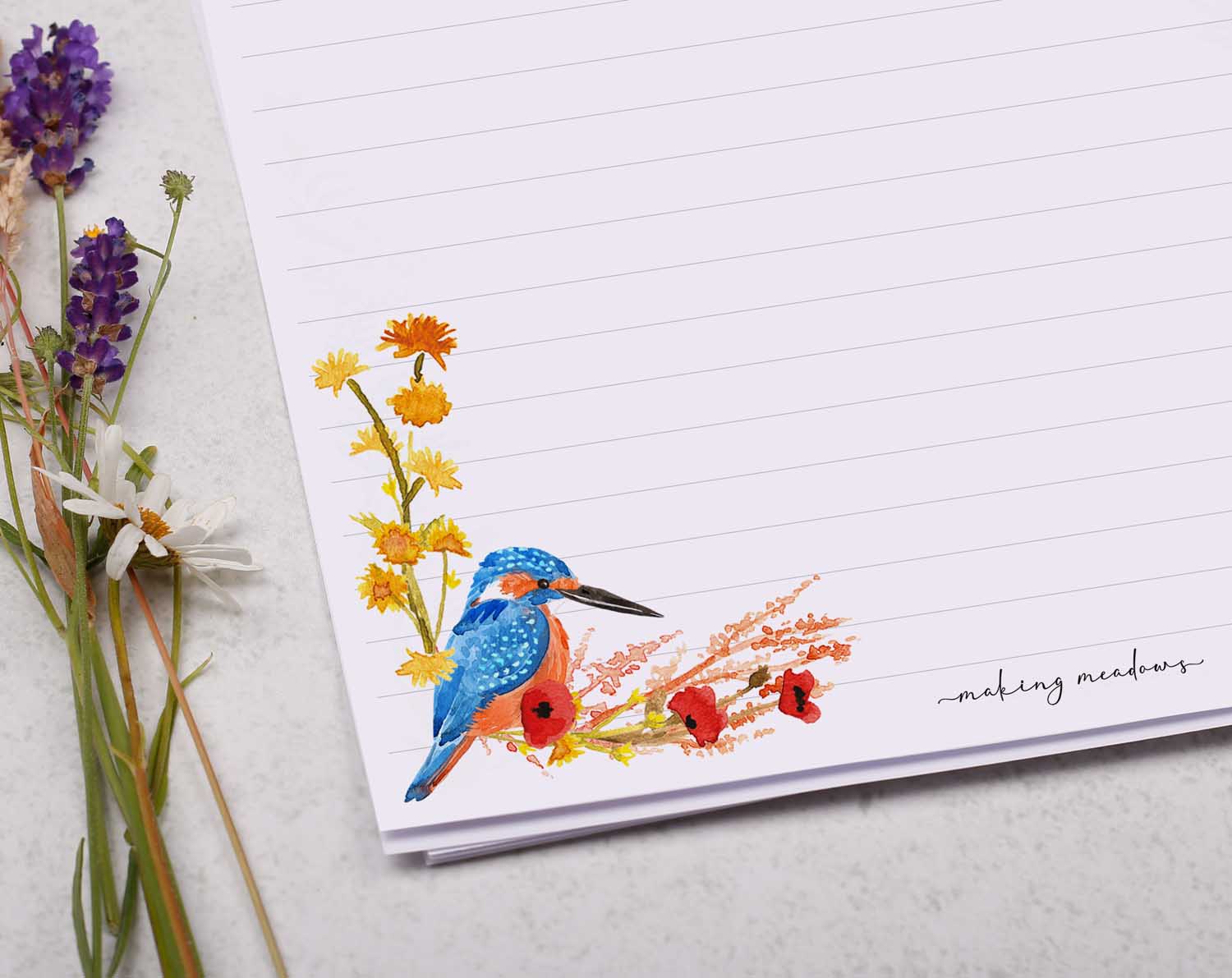 A4 letter writing paper sheets with a watercolour autumn flower border and 2 handsome kingfishers. A beautiful orange and red painted flower design