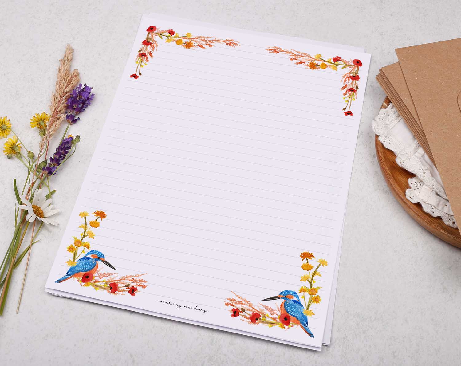 A4 letter writing paper sheets with a watercolour autumn flower border and 2 handsome kingfishers. A beautiful orange and red painted flower design