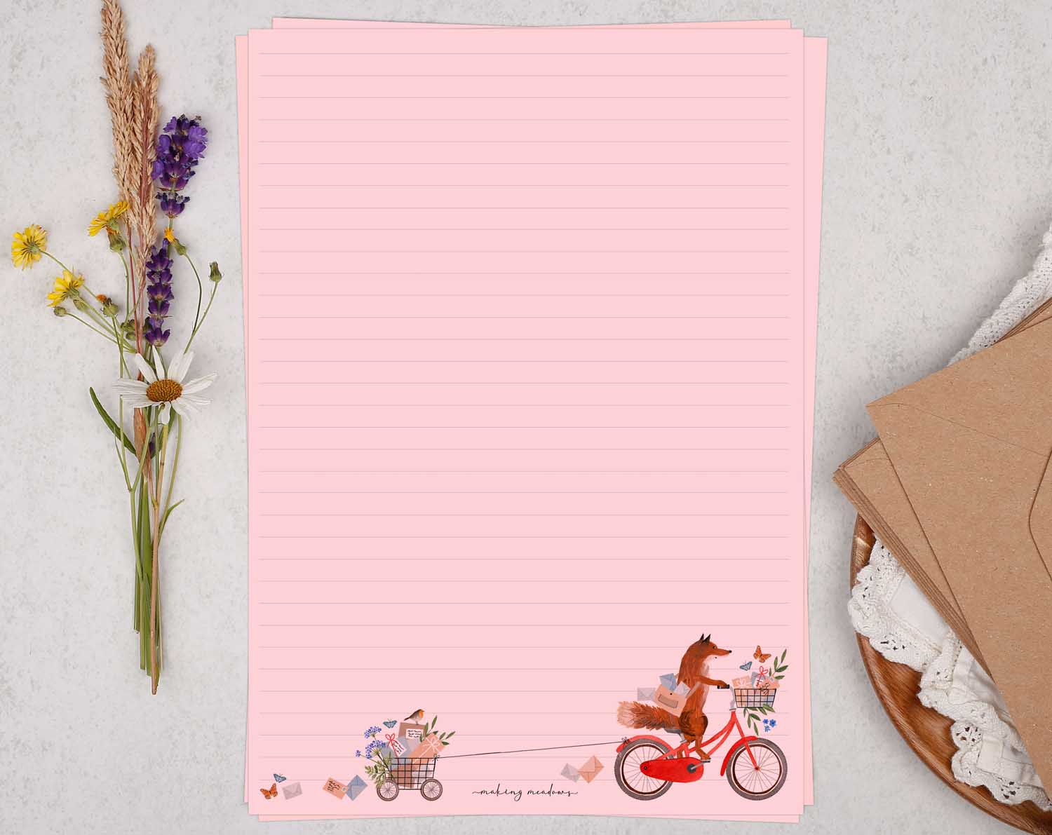 Pink A4 Letter Writing Paper Sheets with Fox On A Bike With Cute Robin watercolour border design.