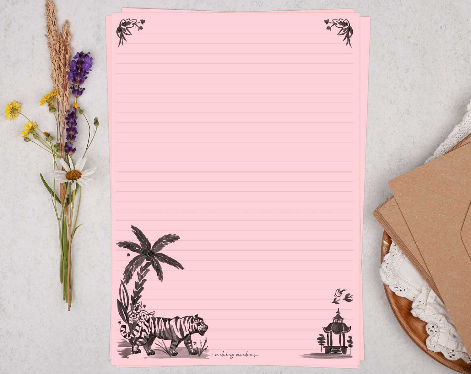 Pink A4 letter writing paper sheets with a watercolour tiger and floral border in a tropical design.