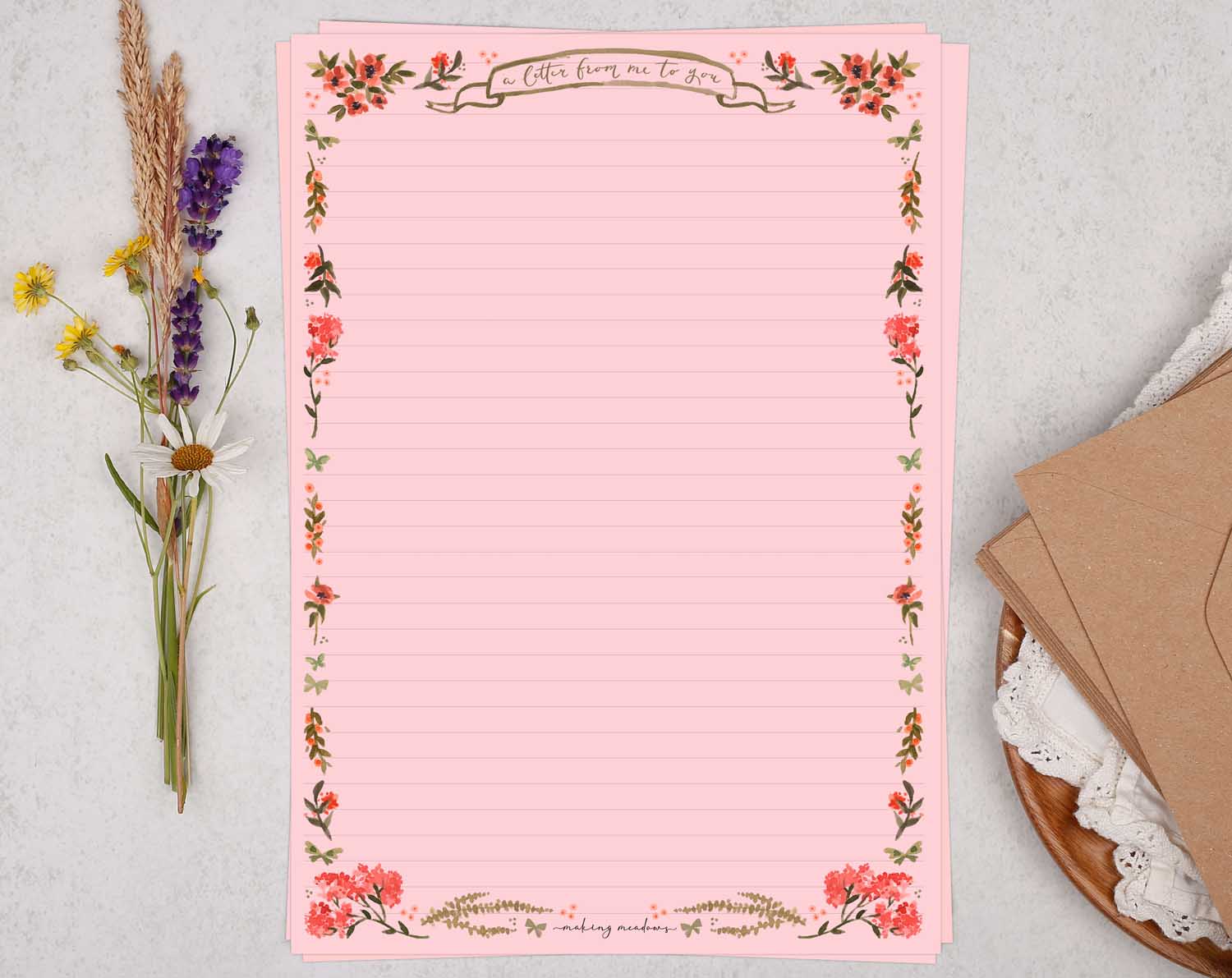 Pink A4 letter writing paper sheets with a Cute Town Village House watercolour border design.