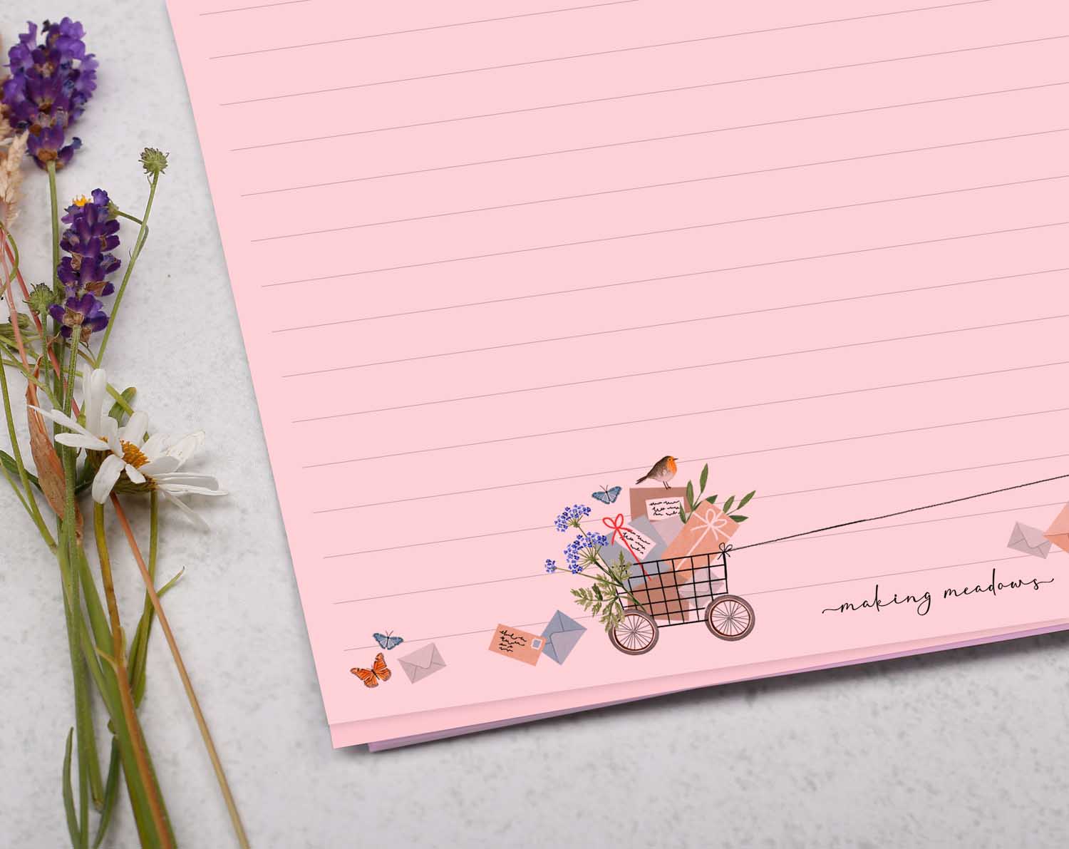 Pink A4 Letter Writing Paper Sheets with Fox On A Bike With Cute Robin watercolour border design.