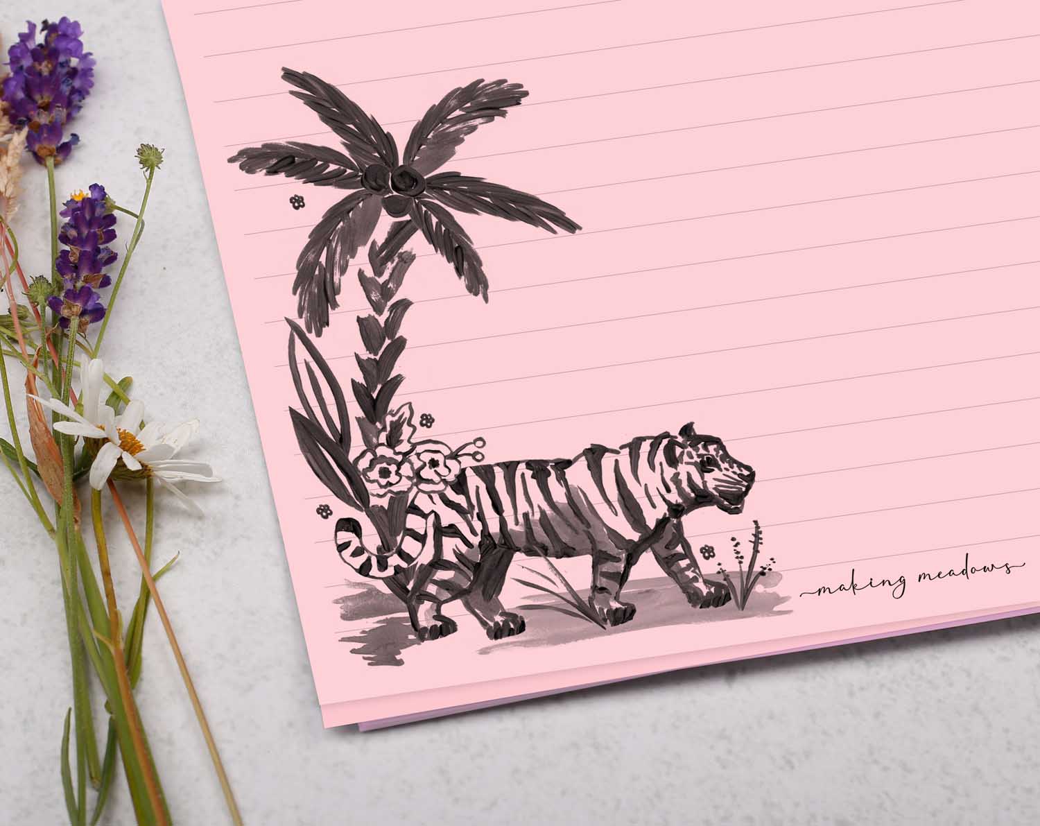 Pink A4 letter writing paper sheets with a watercolour tiger and floral border in a tropical design.