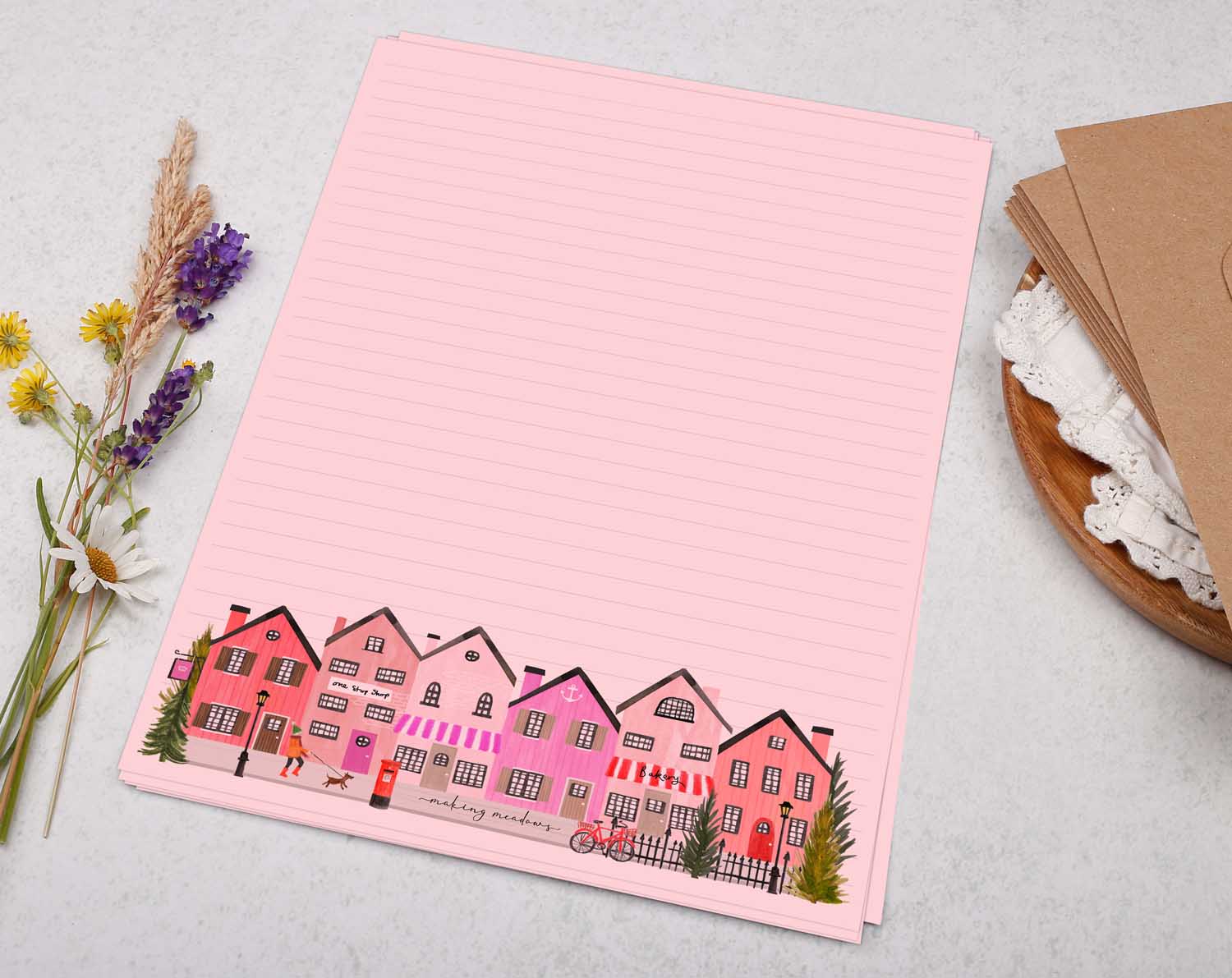 Pink A4 letter writing paper sheets with a Cute Town Village House watercolour border design.