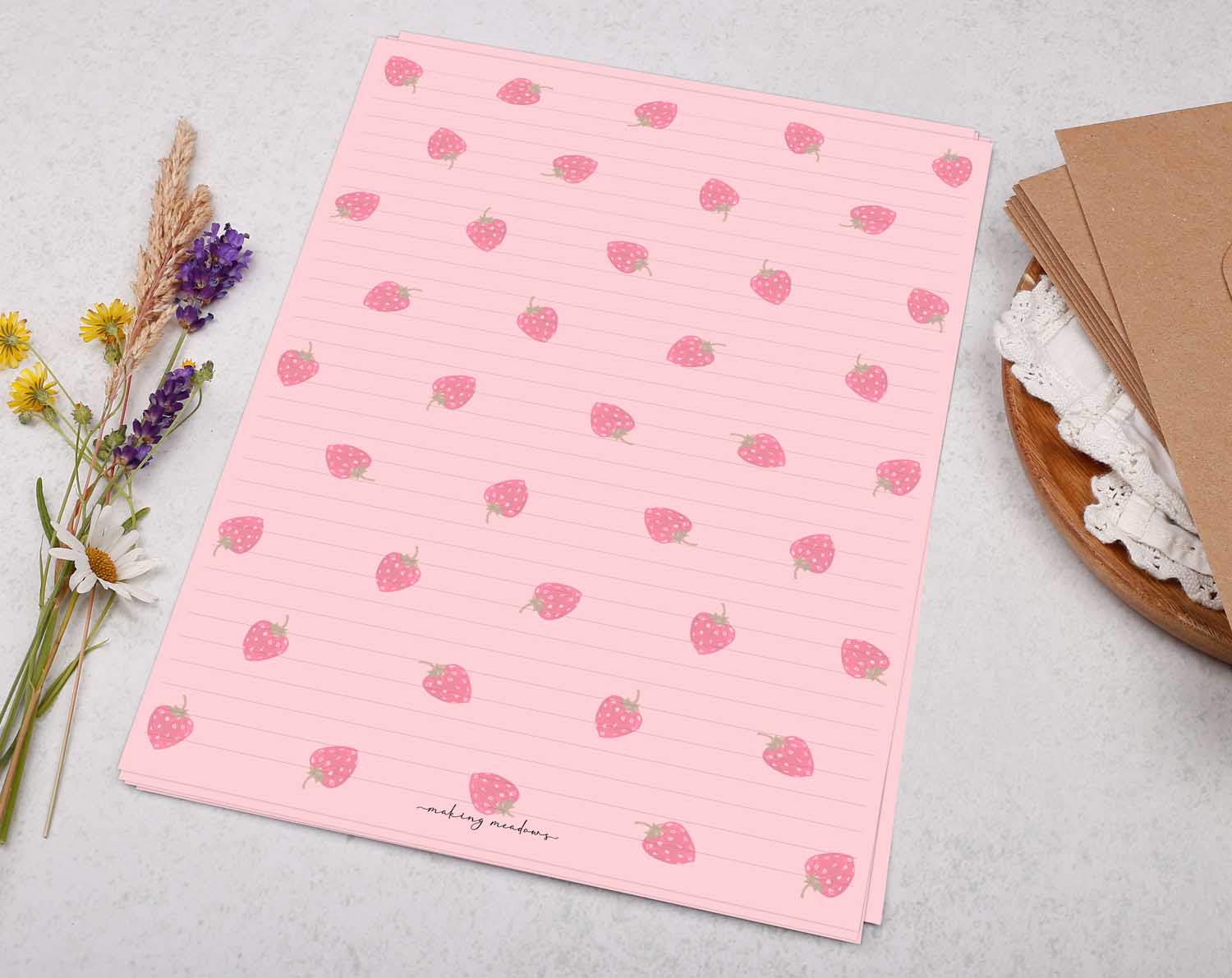 A4 pink writing paper with strawberry pattern