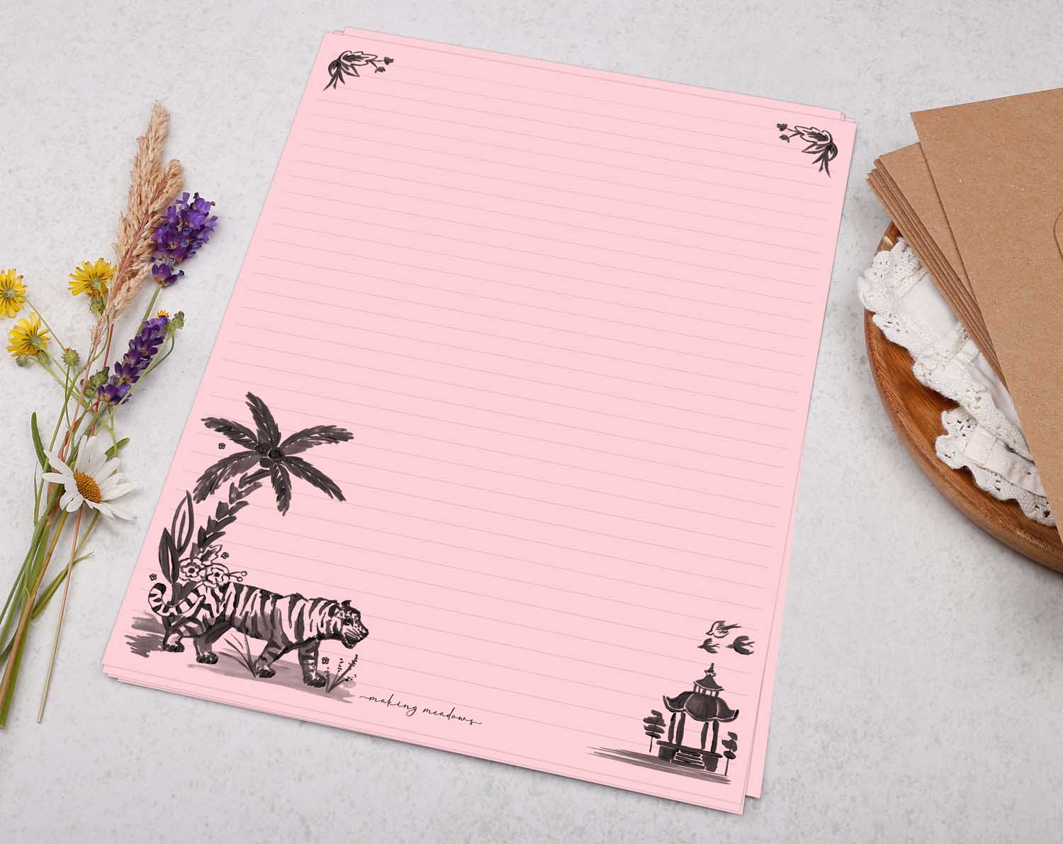 Pink A4 letter writing paper sheets with a watercolour tiger and floral border in a tropical design.