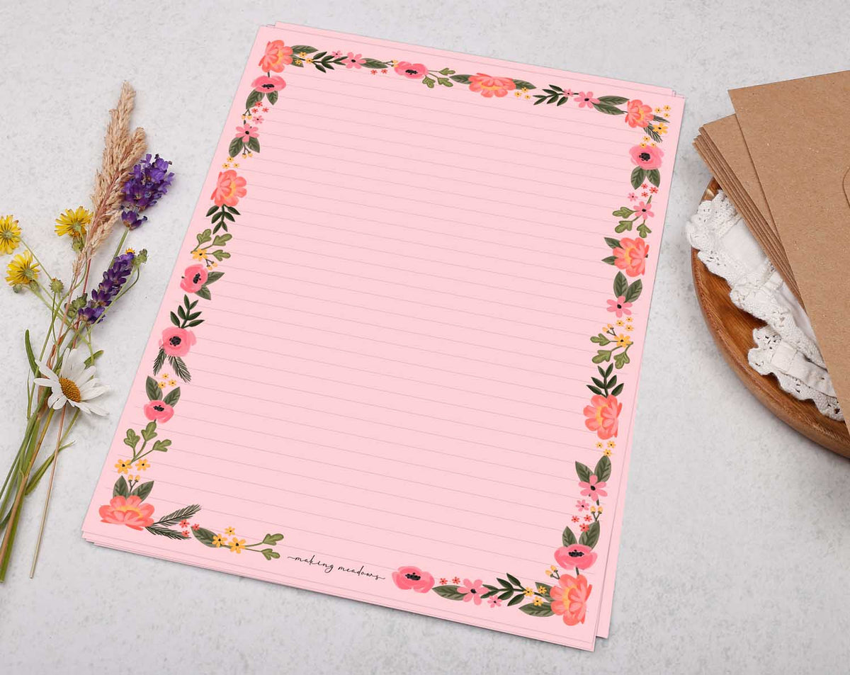 A4 Writing Paper| Pink Floral Border | Letter Writing | Making Meadows