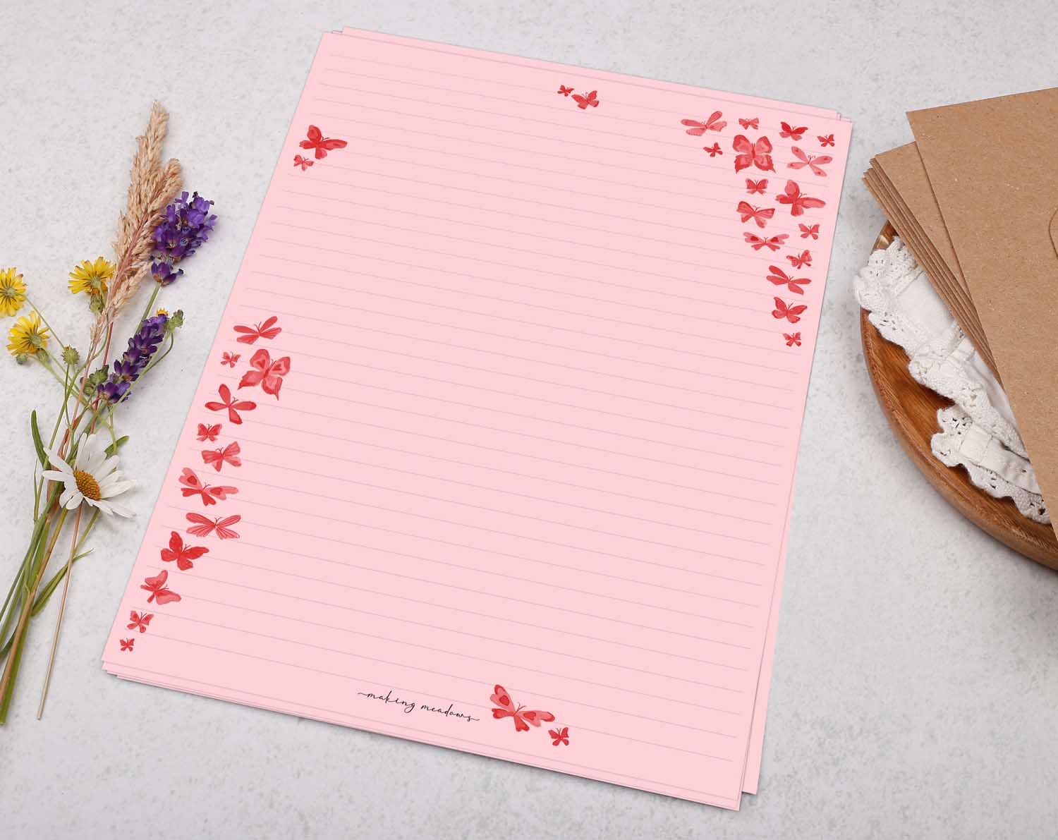 Pink A4 letter writing paper sheets adorned with beautiful pink watercolour butterflies.