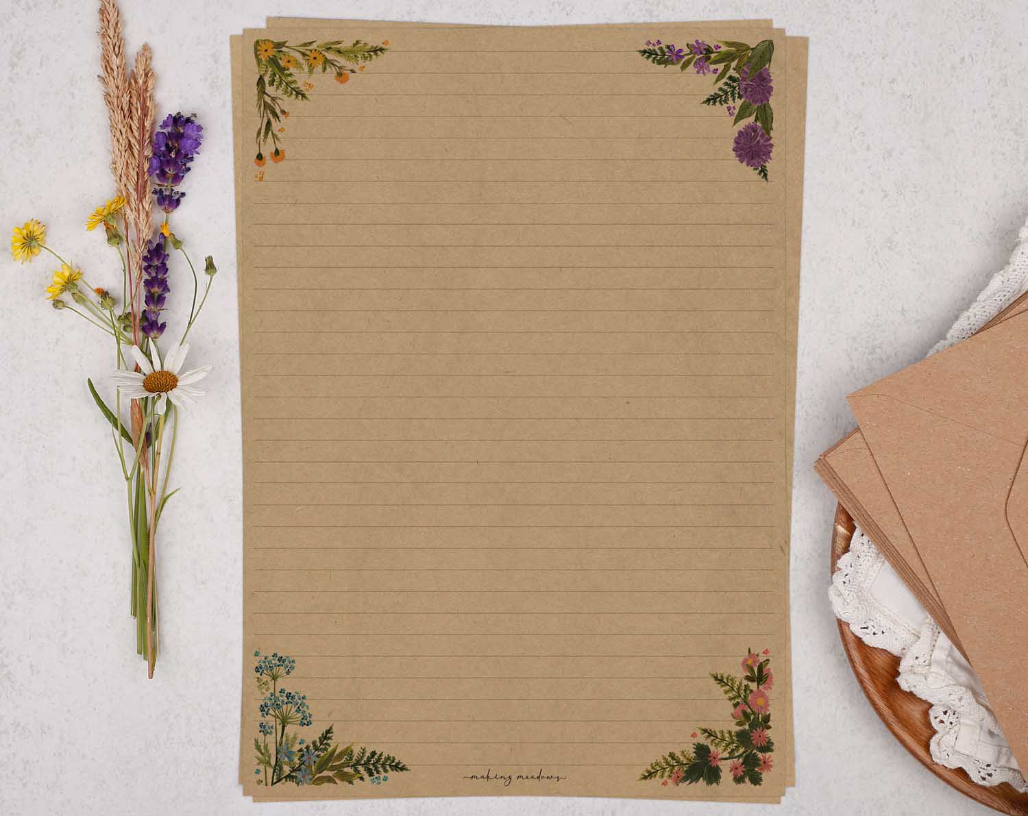 A4 Kraft Letter Writing Paper Sheets with a Watercolour Wild Flower Corner design. 