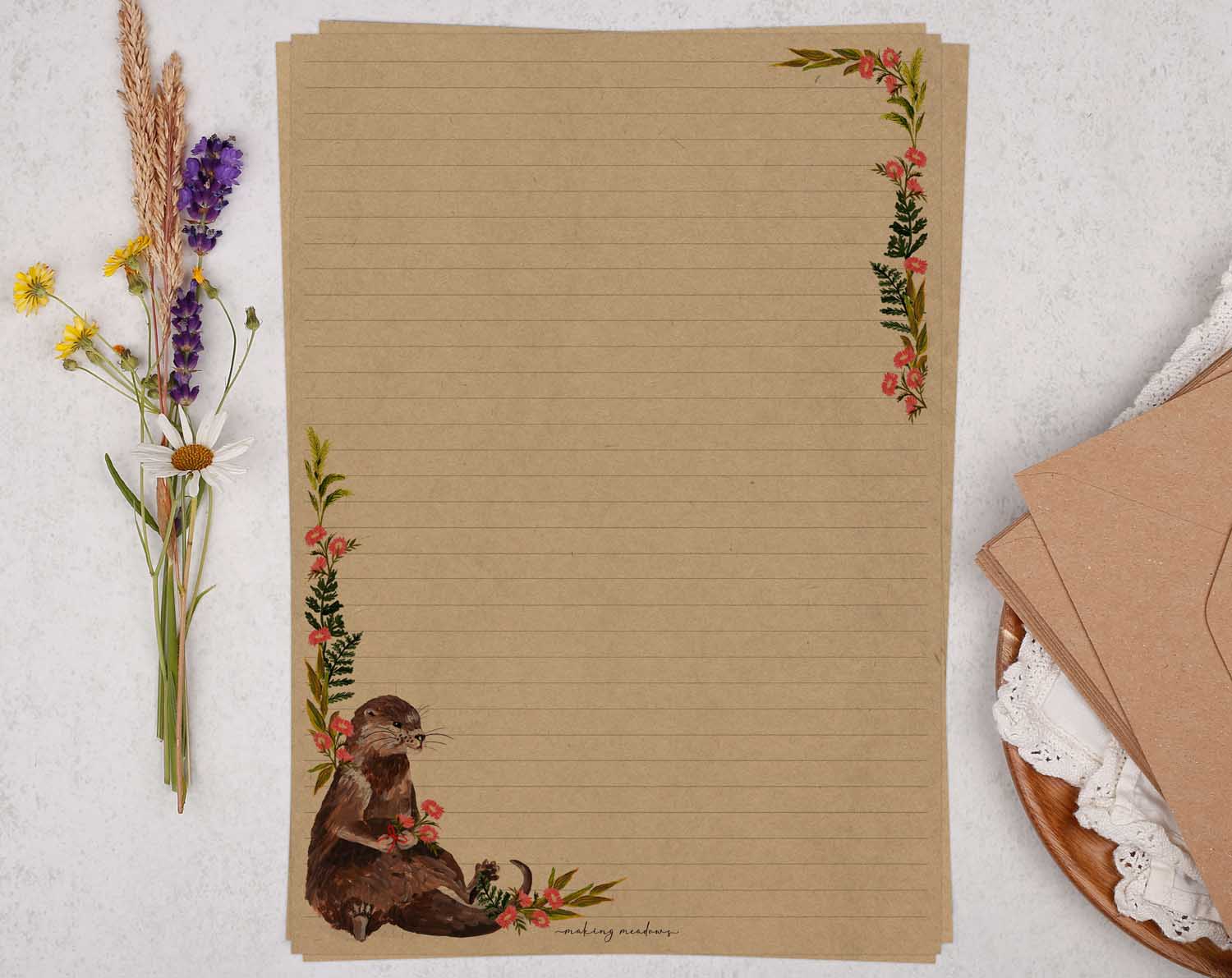 A4 Kraft letter writing paper sheets with otter and florals. 