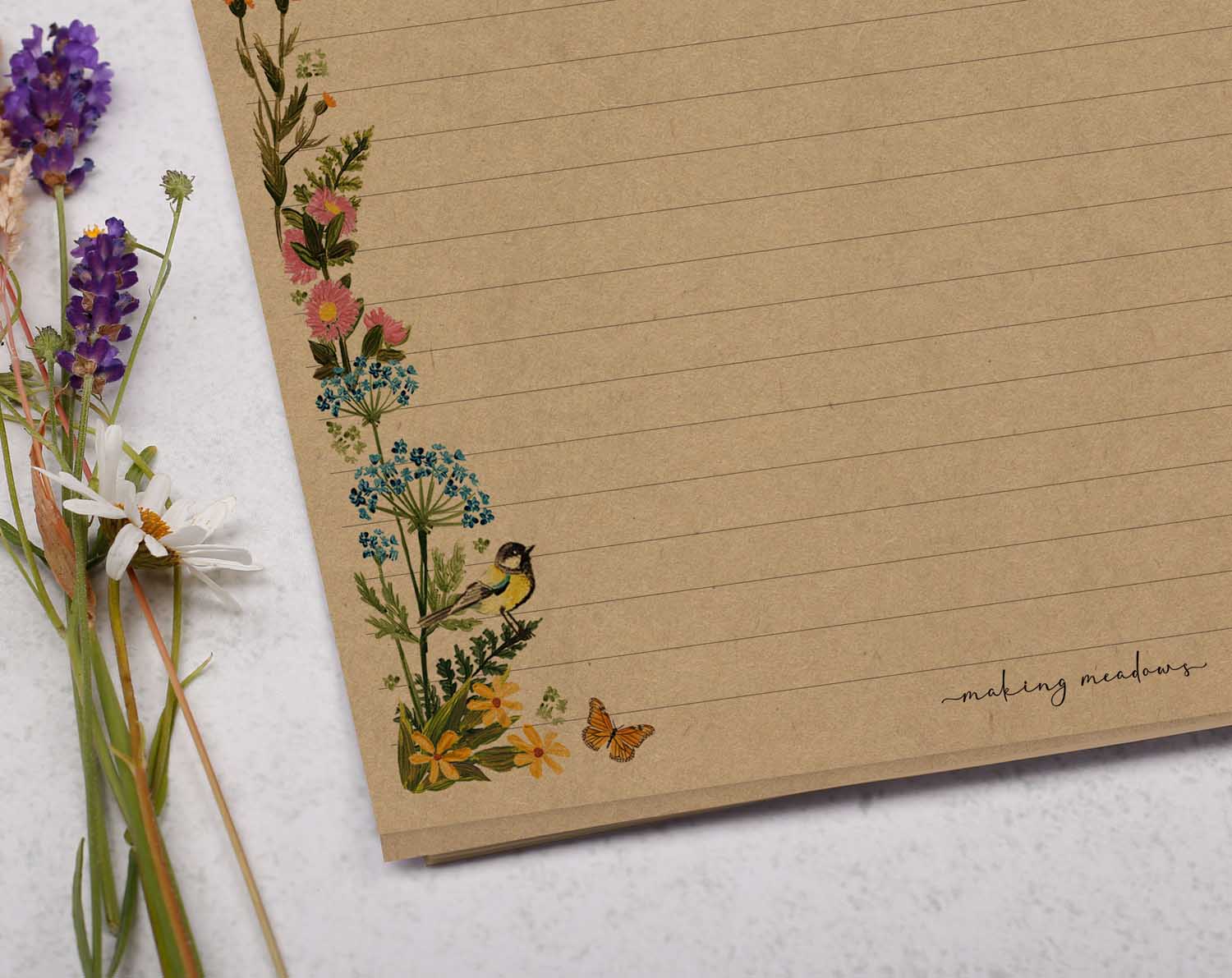 A4 Kraft letter writing paper sheets with a beautiful floral watercolour border design cascading around the edge.