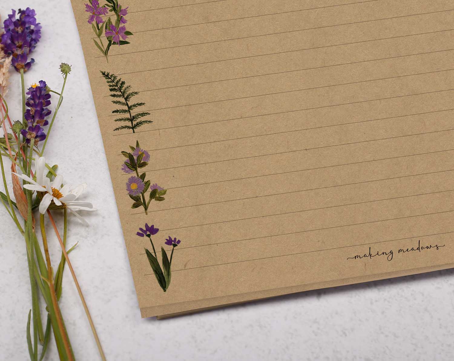 A4 Kraft Letter Writing Paper Sheets with a Purple Wild Flower & Fern Border design. 
