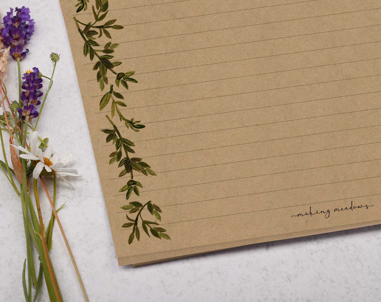 A4 Kraft Letter Writing Paper Sheets with a Green Watercolour Botanical Leaf Border design.
