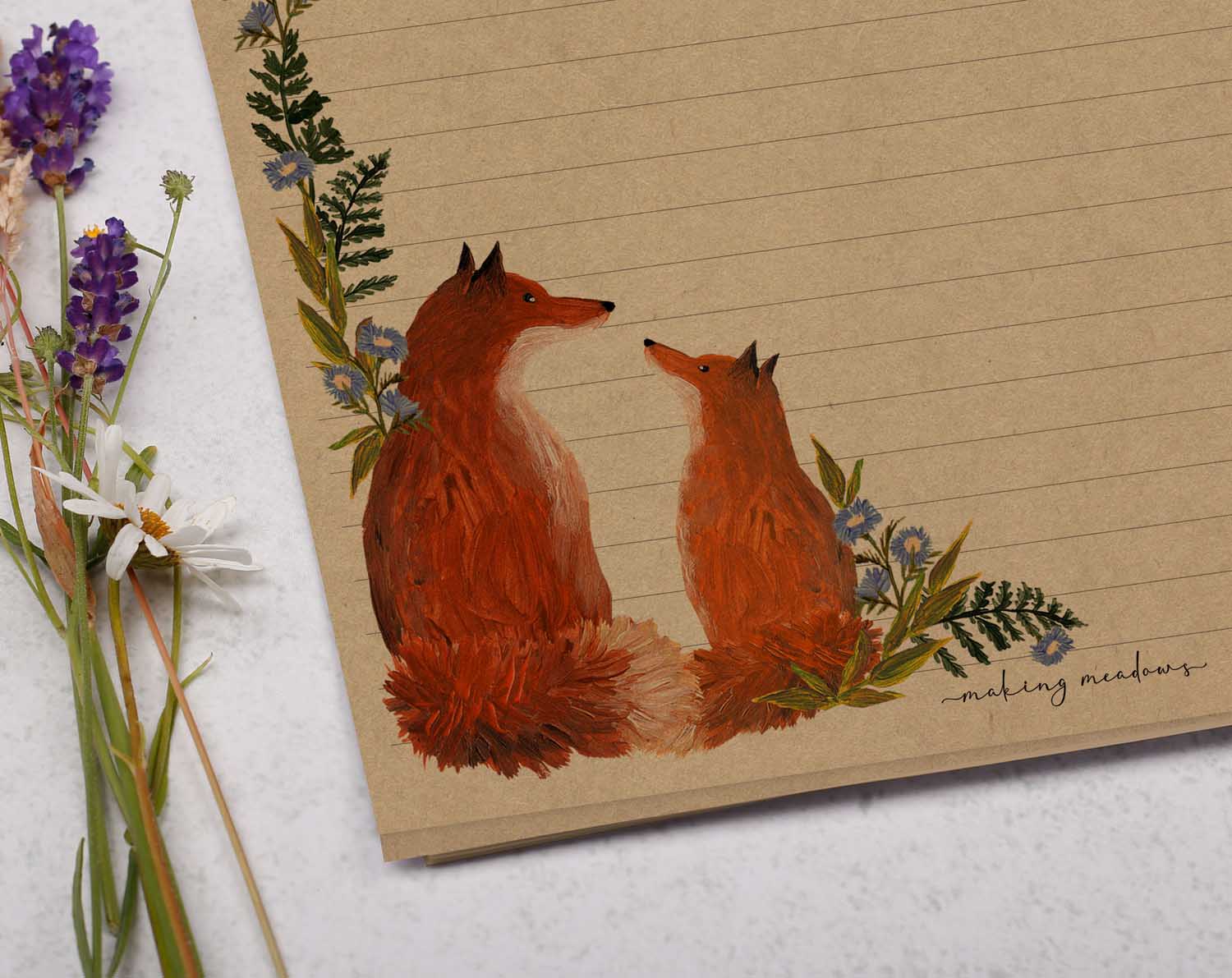 A4 Kraft letter writing paper sheets with two cute foxes and lovely meadow floral botanicals. 