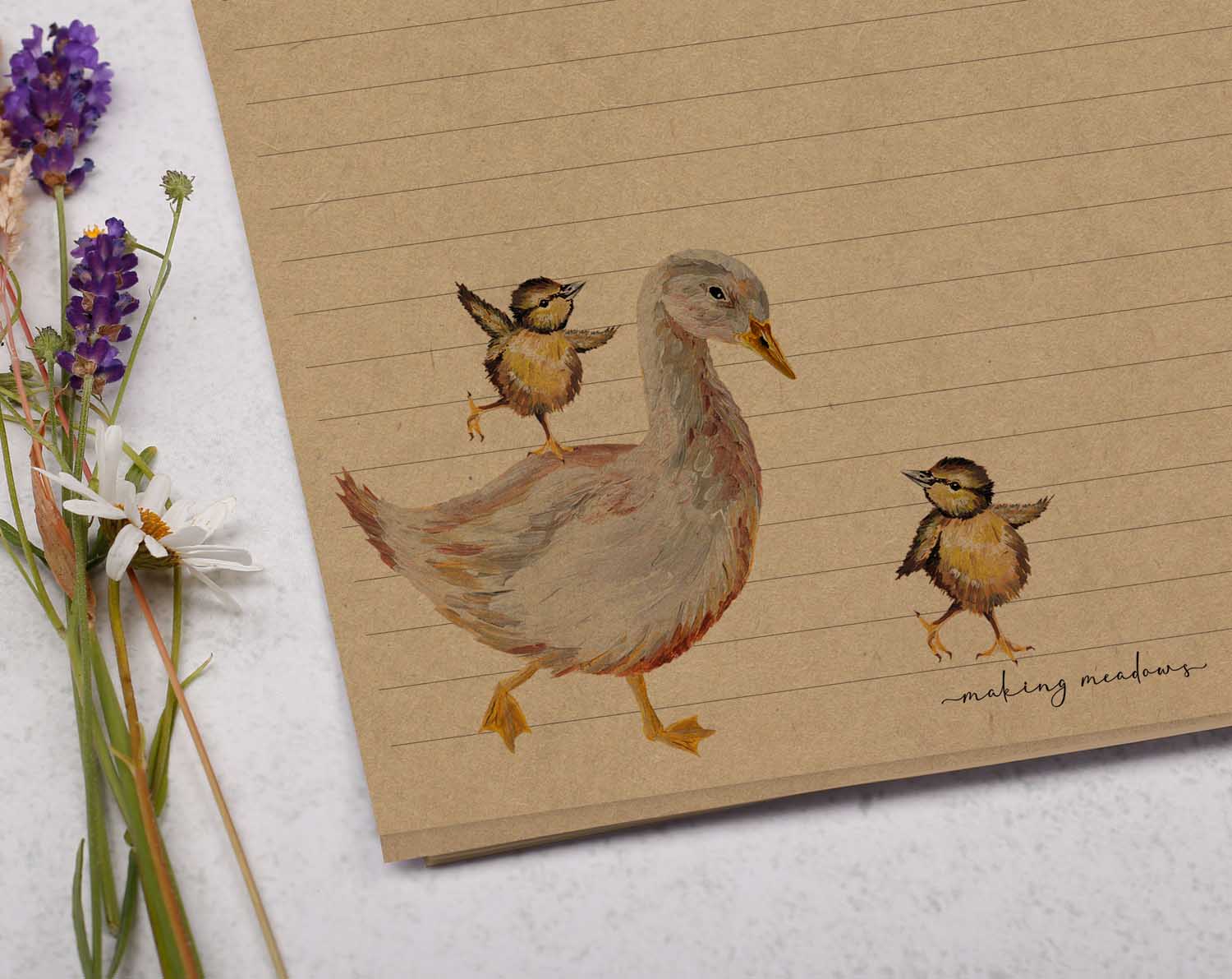 A4 Kraft letter writing paper sheets with a cute goose and her baby chicks