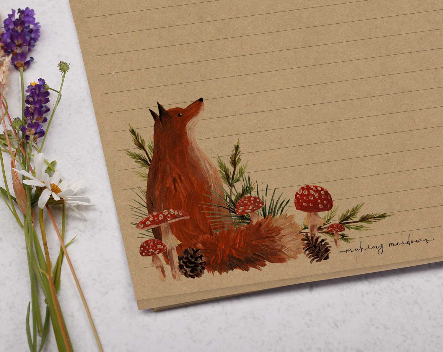 A4 Kraft letter writing paper sheets with a woodland fox design. This writing paper is filled with autumnal foliage and wild mushrooms, 