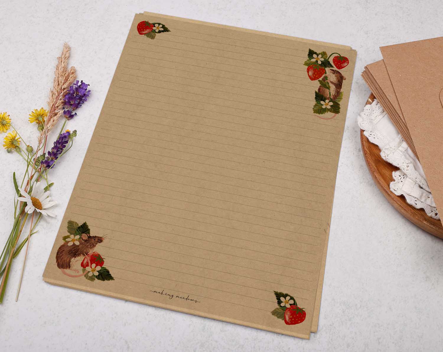 A4 Kraft letter writing paper sheets with an adorable field mice and strawberry design.