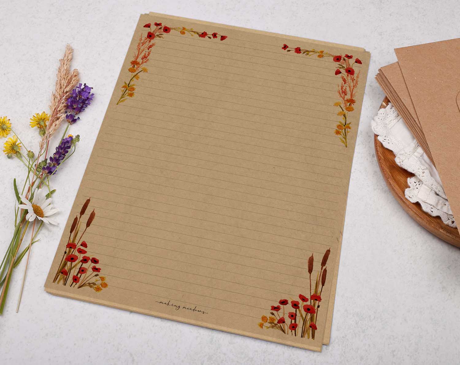 A4 Kraft letter writing paper sheets with a beautiful floral poppy watercolour border design cascading around the edges. 