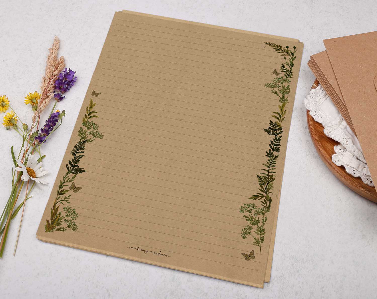 A4 Kraft letter writing paper sheets with a beautiful botanic fern watercolour border design cascading around the edge.