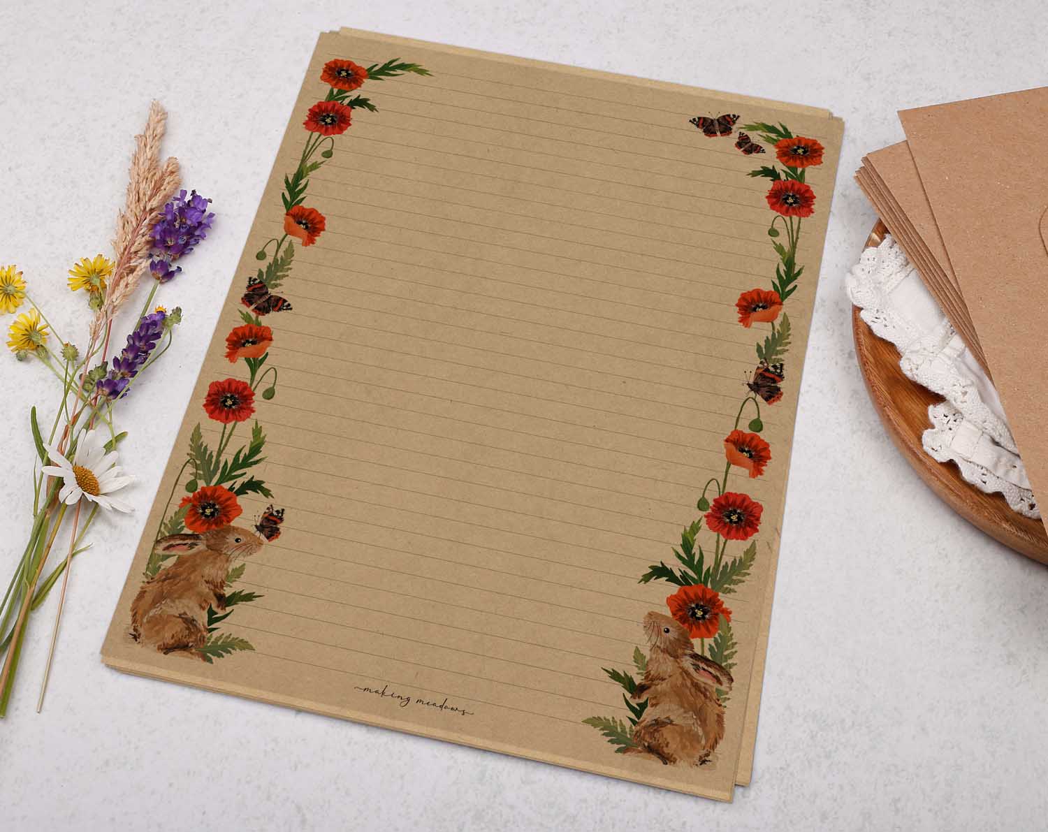 A4 Kraft writing paper sheets with a beautiful floral poppy and watercolour bunny rabbit design around the border. 