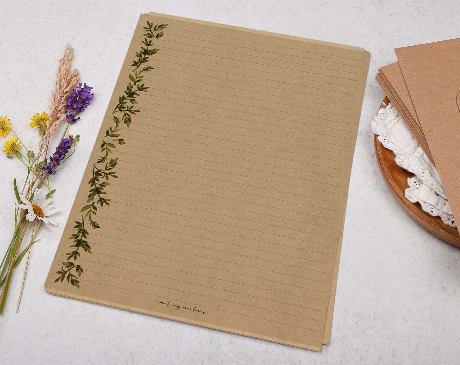 A4 Kraft Letter Writing Paper Sheets with a Green Watercolour Botanical Leaf Border design.