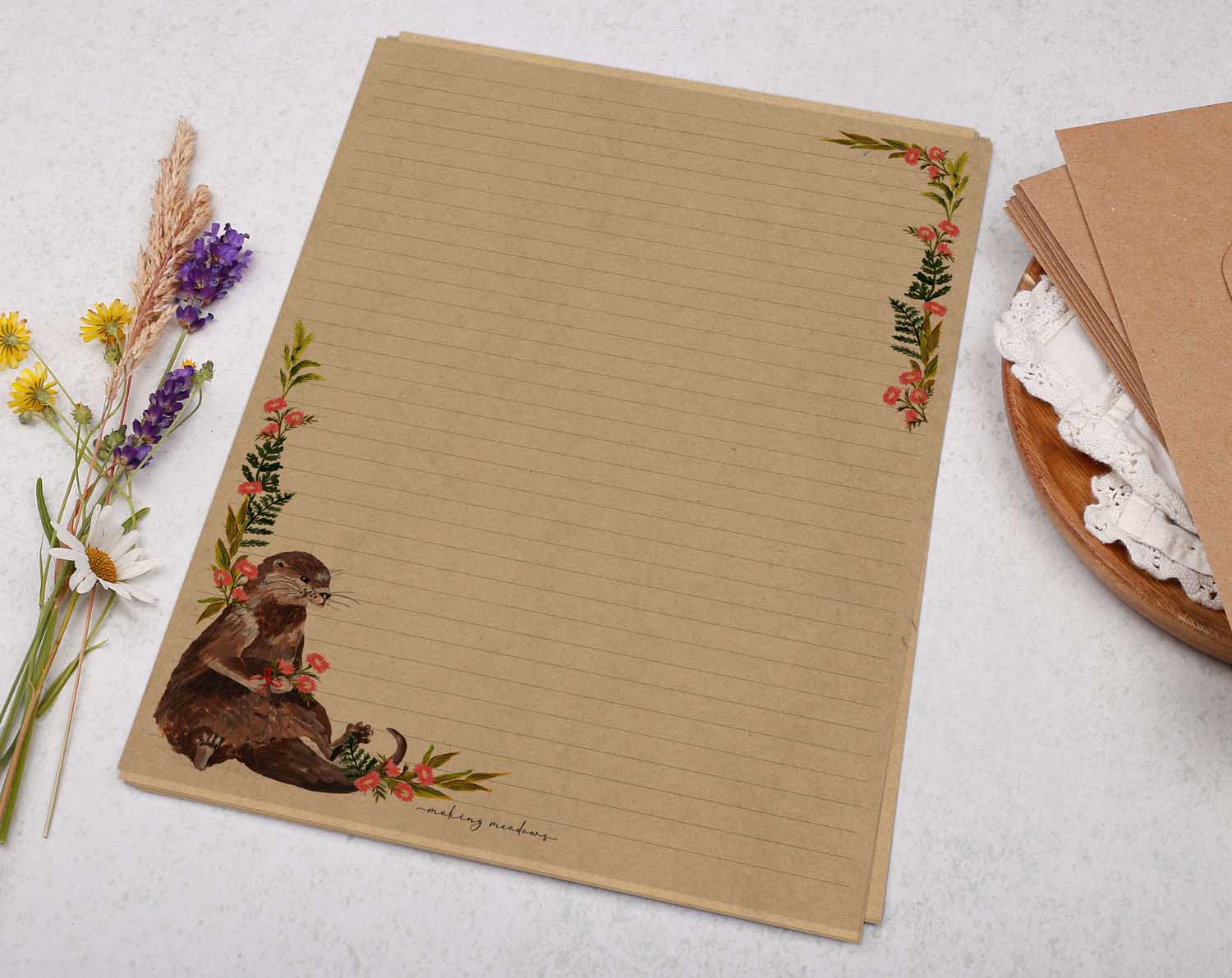 A4 Kraft letter writing paper sheets with otter and florals. 