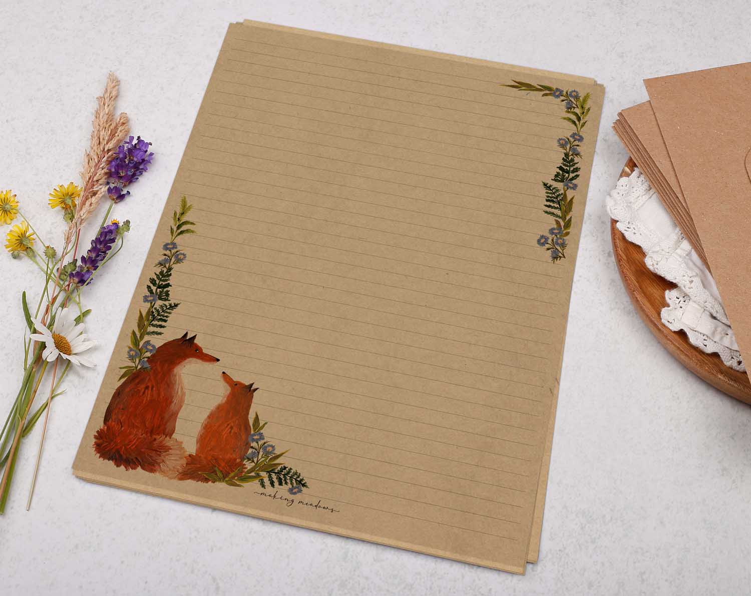 A4 Kraft letter writing paper sheets with two cute foxes and lovely meadow floral botanicals. 