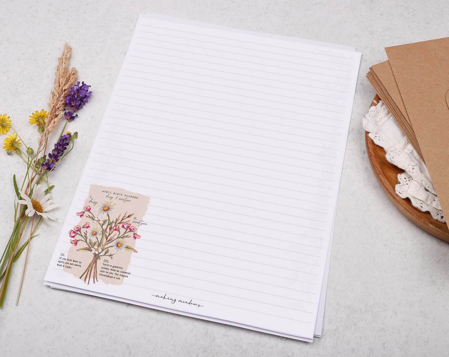 A4 Writing Paper With April Birth Flowers