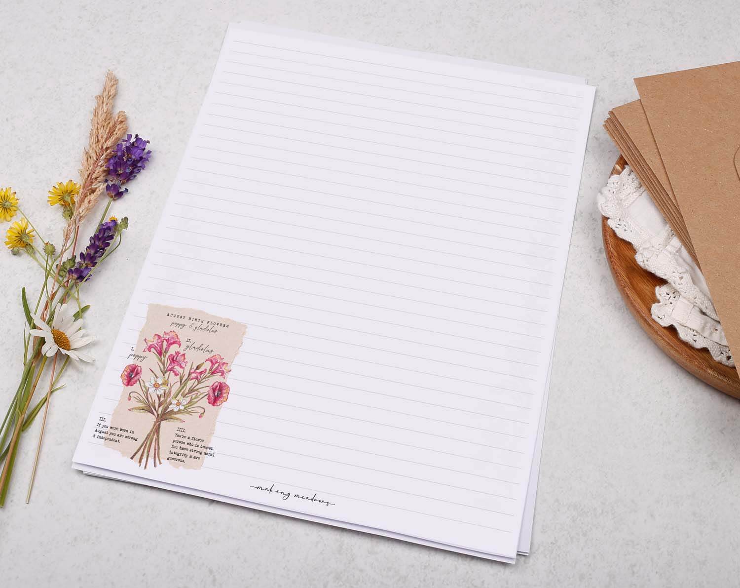 A4 Writing Paper With August Birth Flowers