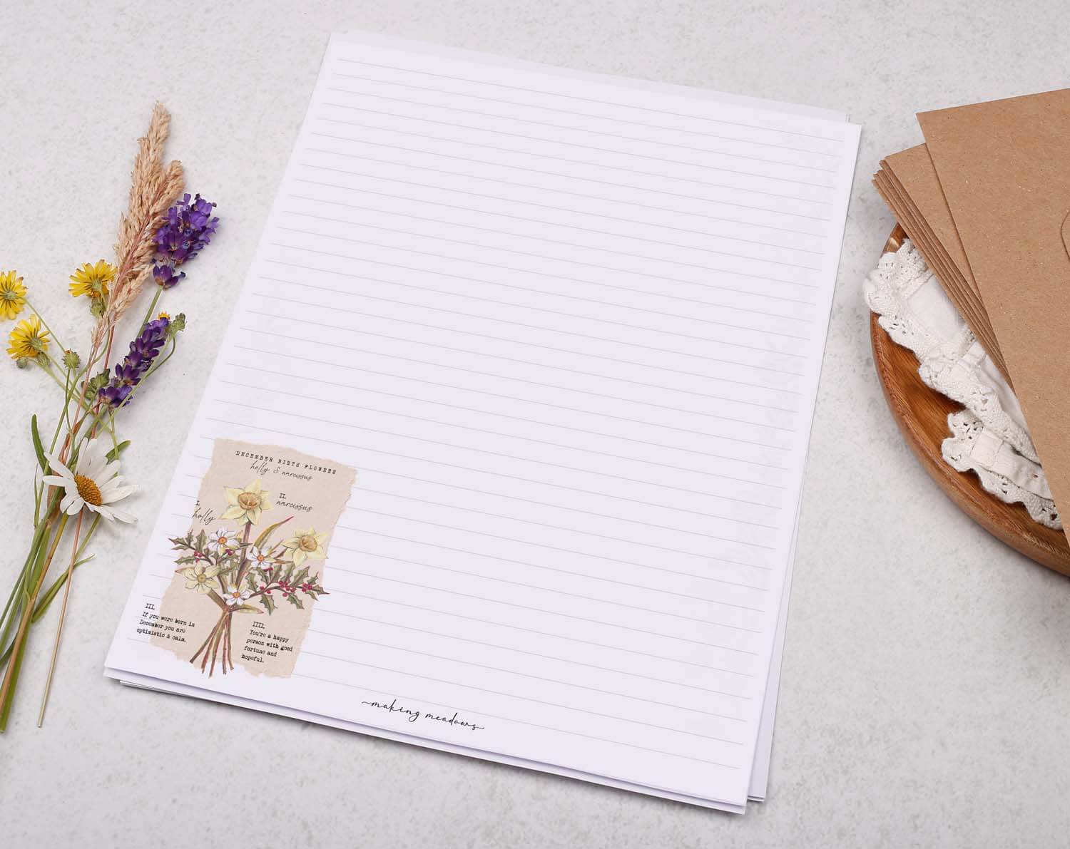 A4 Writing Paper With December Birth Flowers