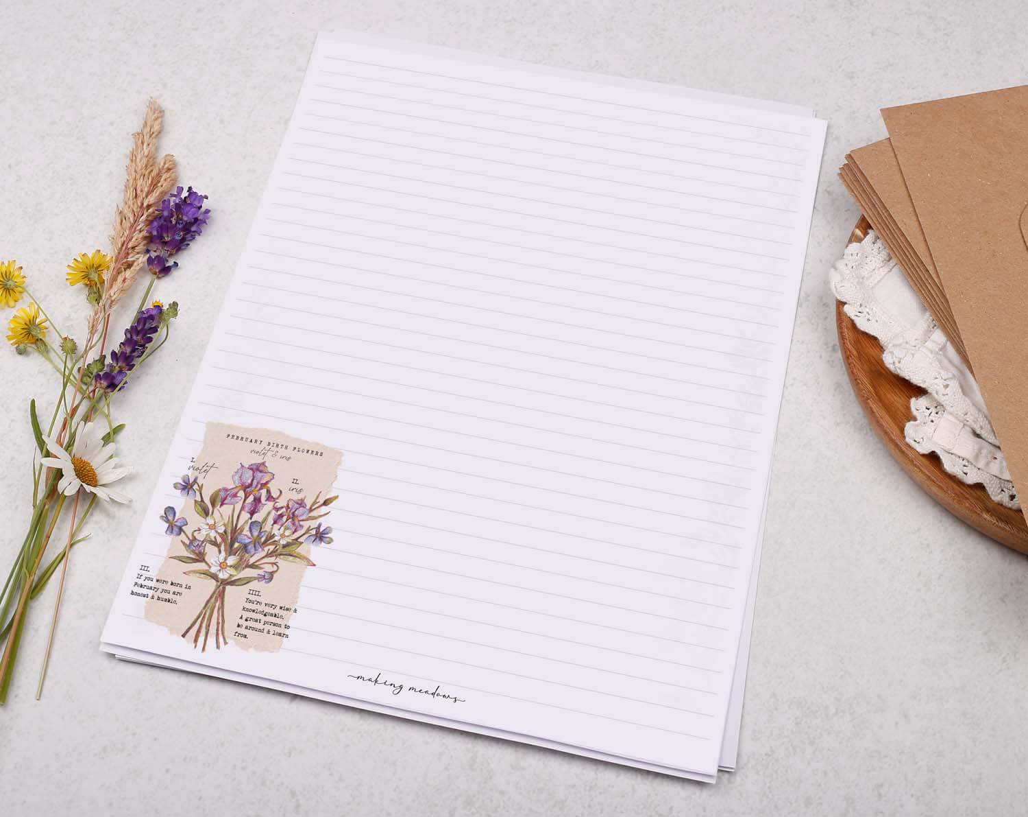 A4 Writing Paper With February Birth Flowers