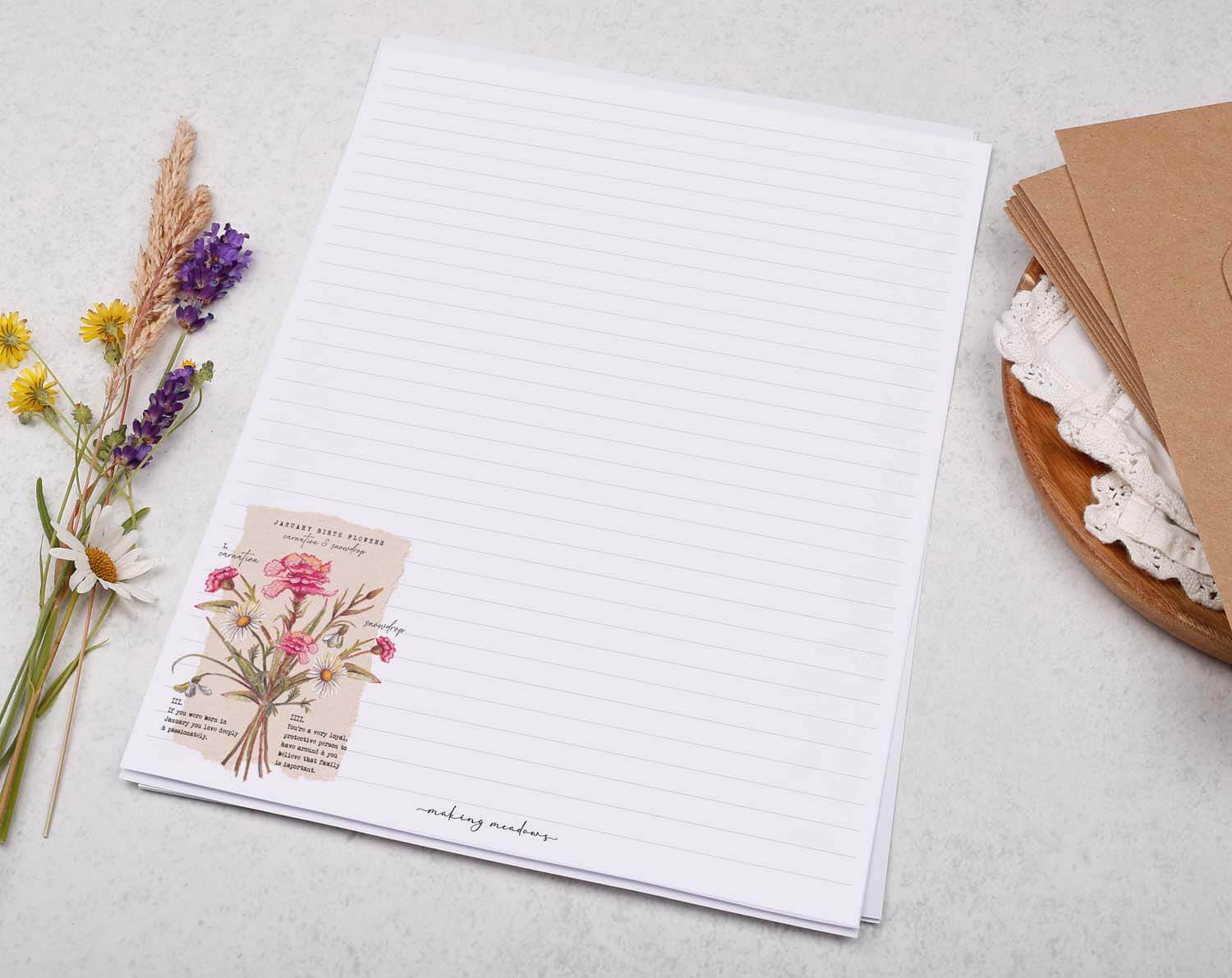 A4 Writing Paper With January Birth Flowers