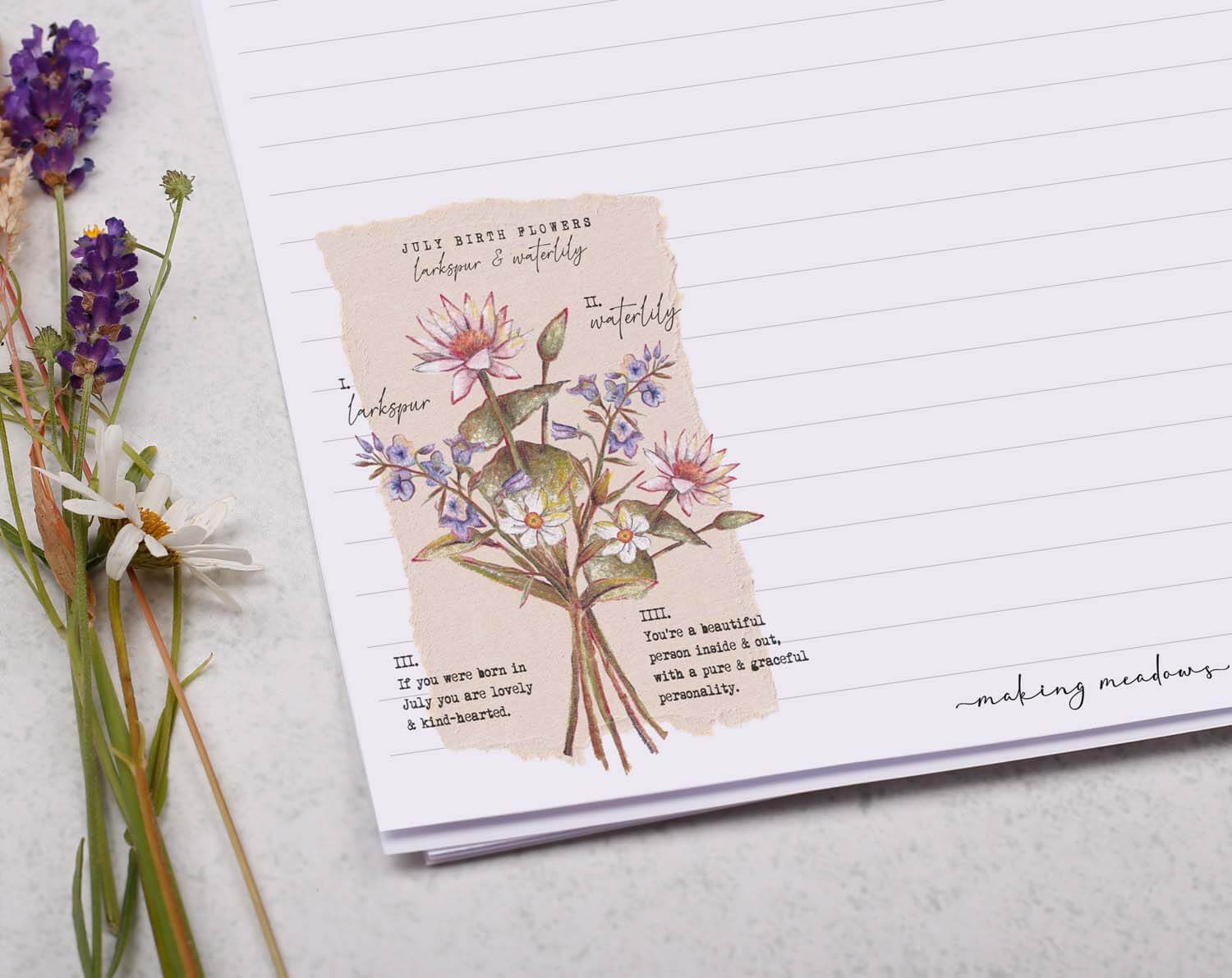A4 Writing Paper With July Birth Flowers