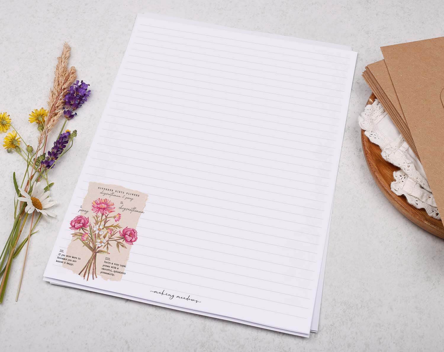 A4 Writing Paper With November Birth Flowers