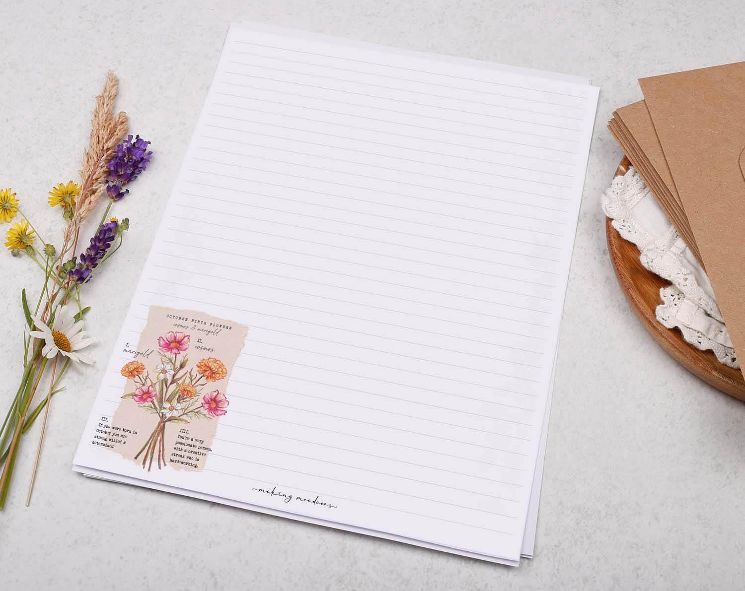 A4 Writing Paper With October Birth Flowers