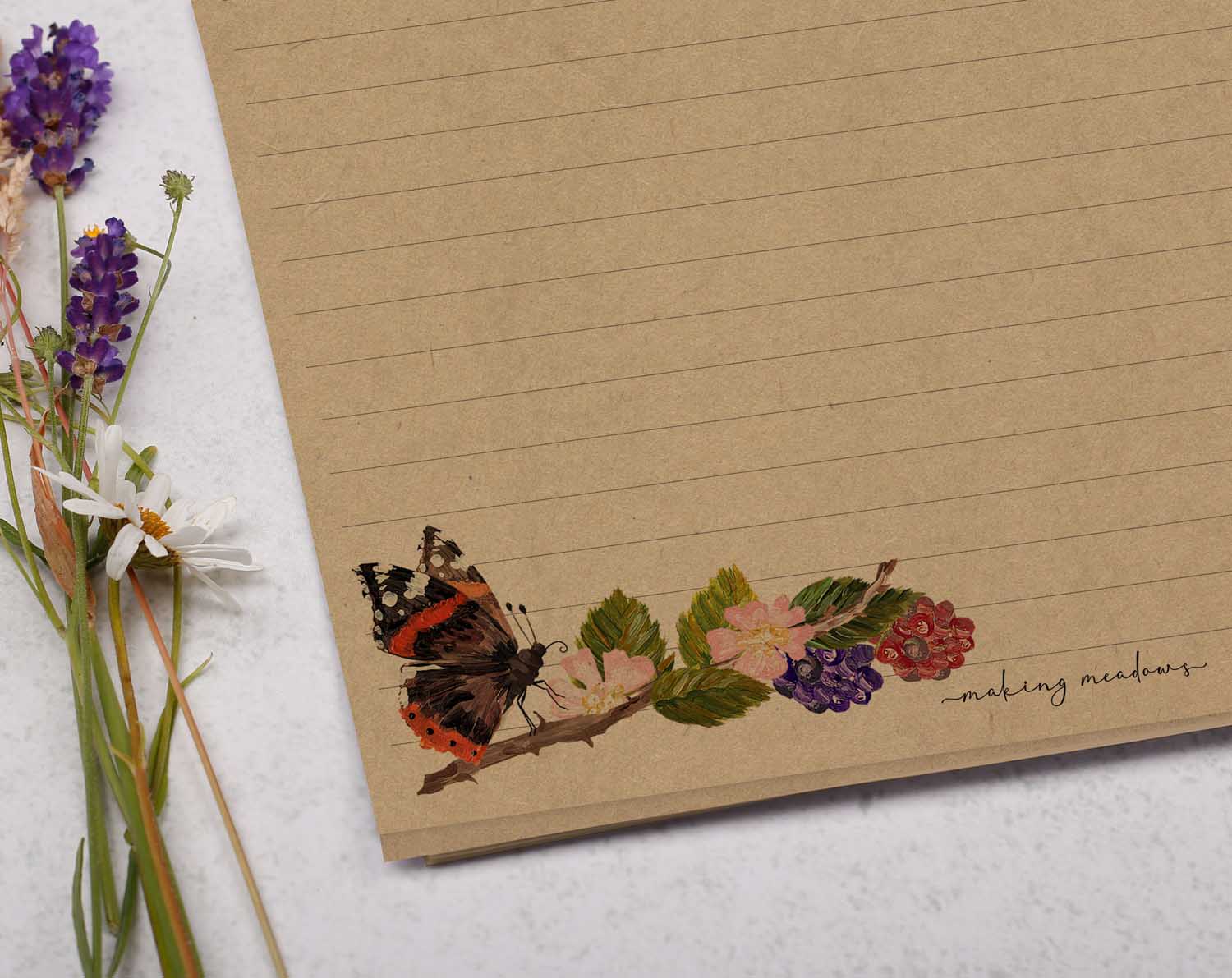 A4 kraft writing paper with butterfly & blackberries. Stationery designed by Making Meadows