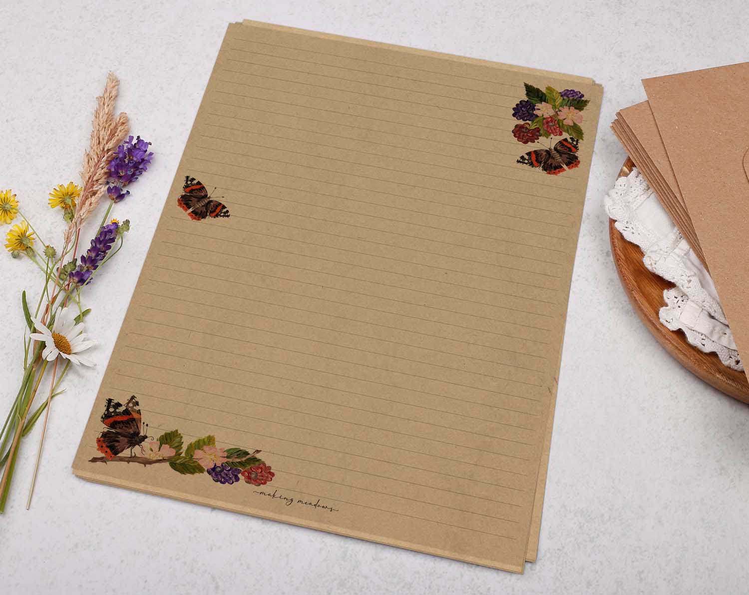A4 kraft writing paper with butterfly & blackberries. Stationery designed by Making Meadows