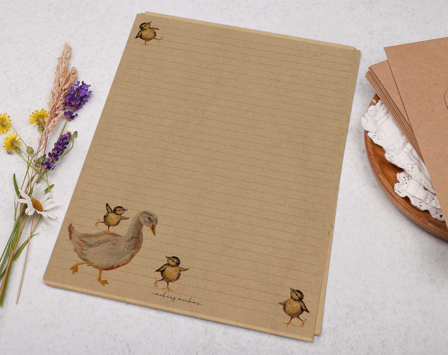 A4 kraft writing paper with cute baby chicks. Stationery designed by Making Meadows