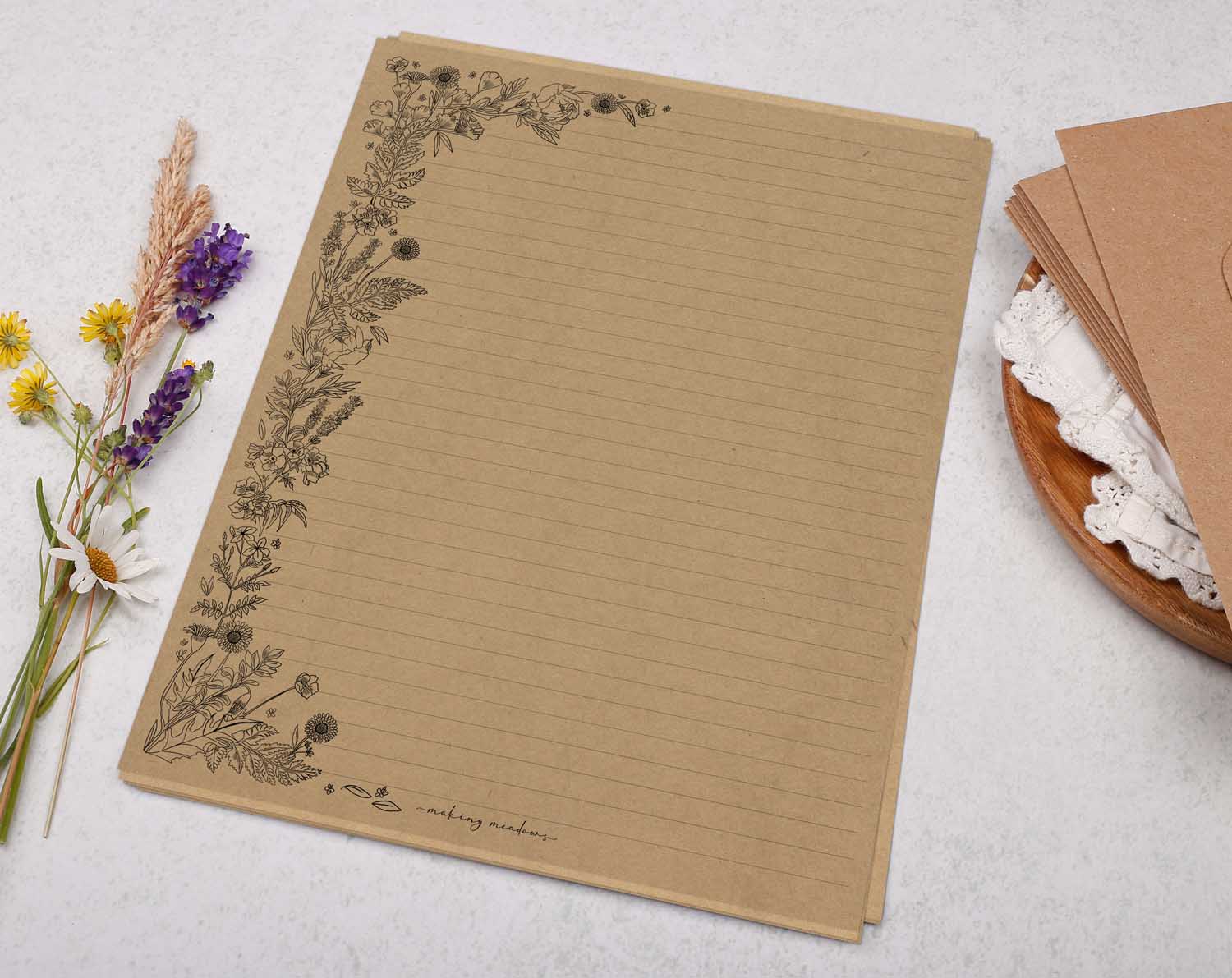 A4 kraft writing paper with linear flowers. Stationery designed by Making Meadows