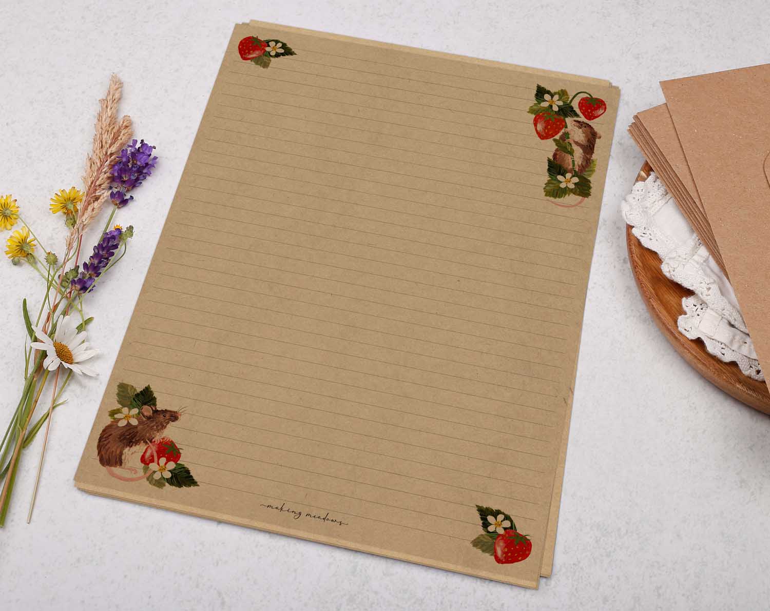 A4 kraft writing paper with mice & strawberries. Stationery designed by Making Meadows