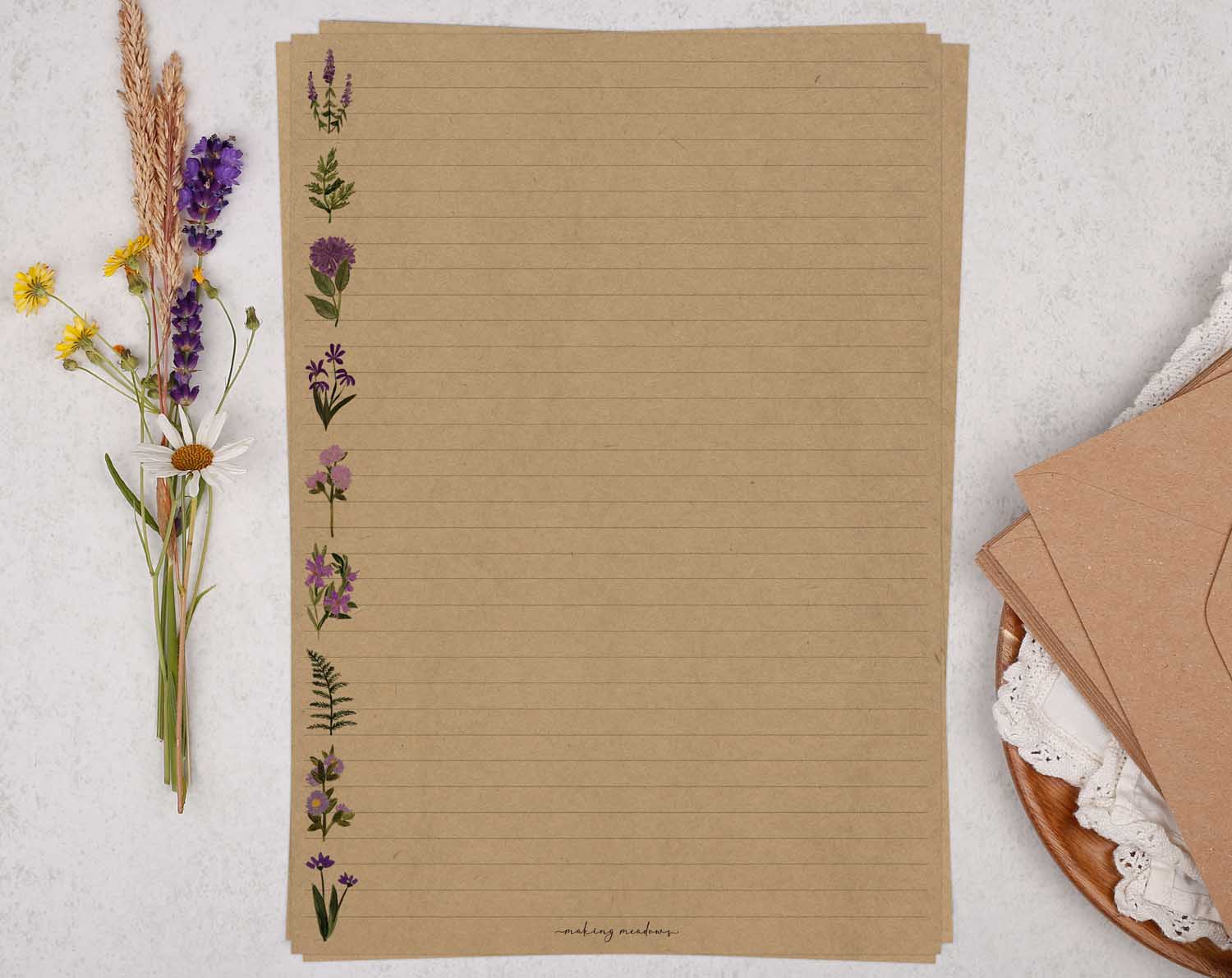A4 kraft writing paper with purple meadow flowers. Stationery designed by Making Meadows