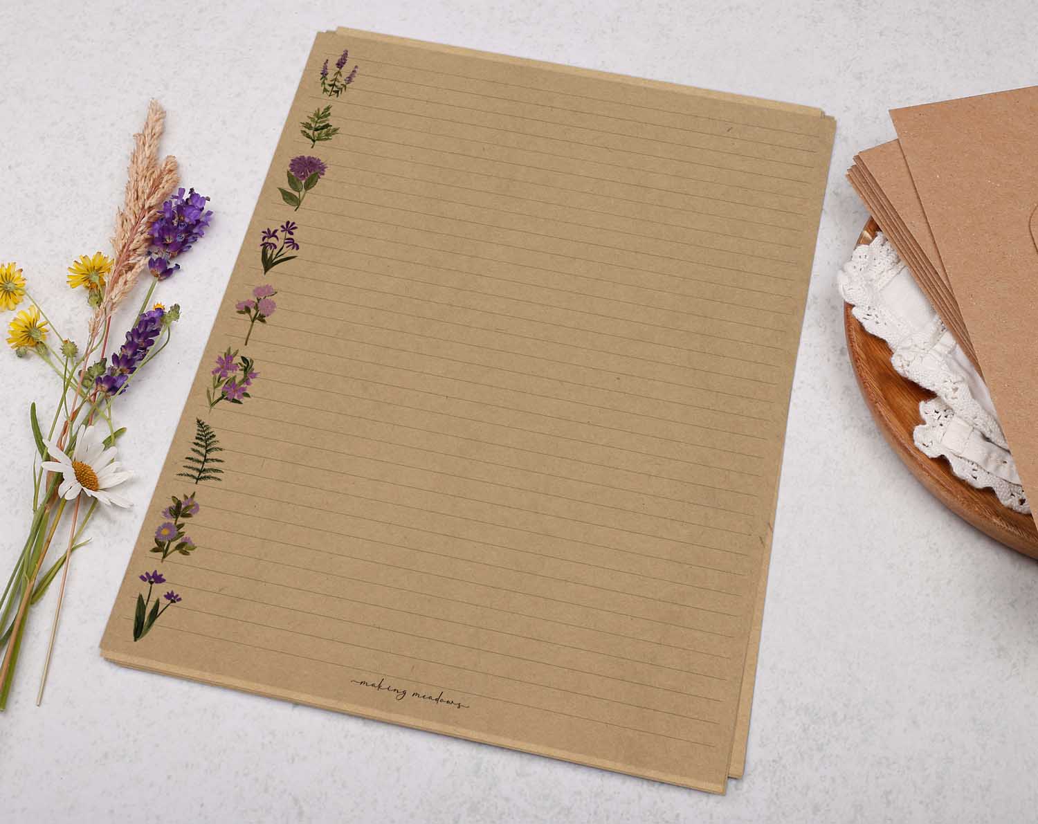A4 kraft writing paper with purple meadow flowers. Stationery designed by Making Meadows