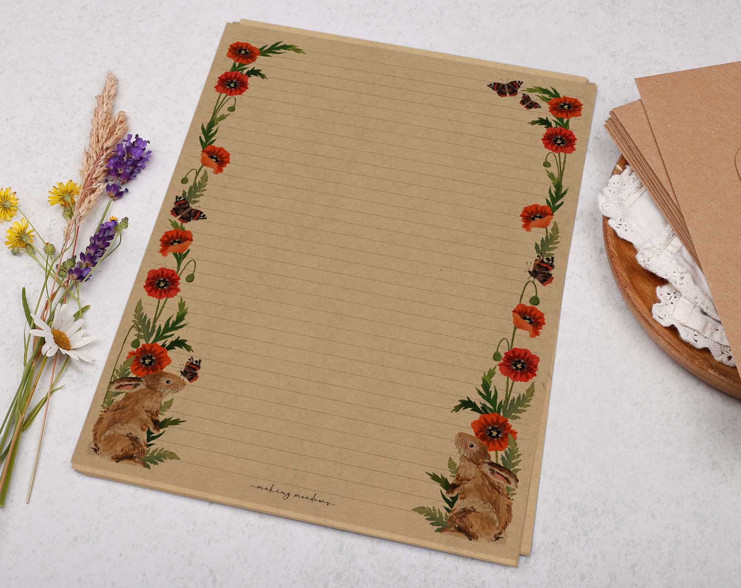 A4 kraft writing paper with rabbits & poppy flowers. Stationery designed by Making Meadows