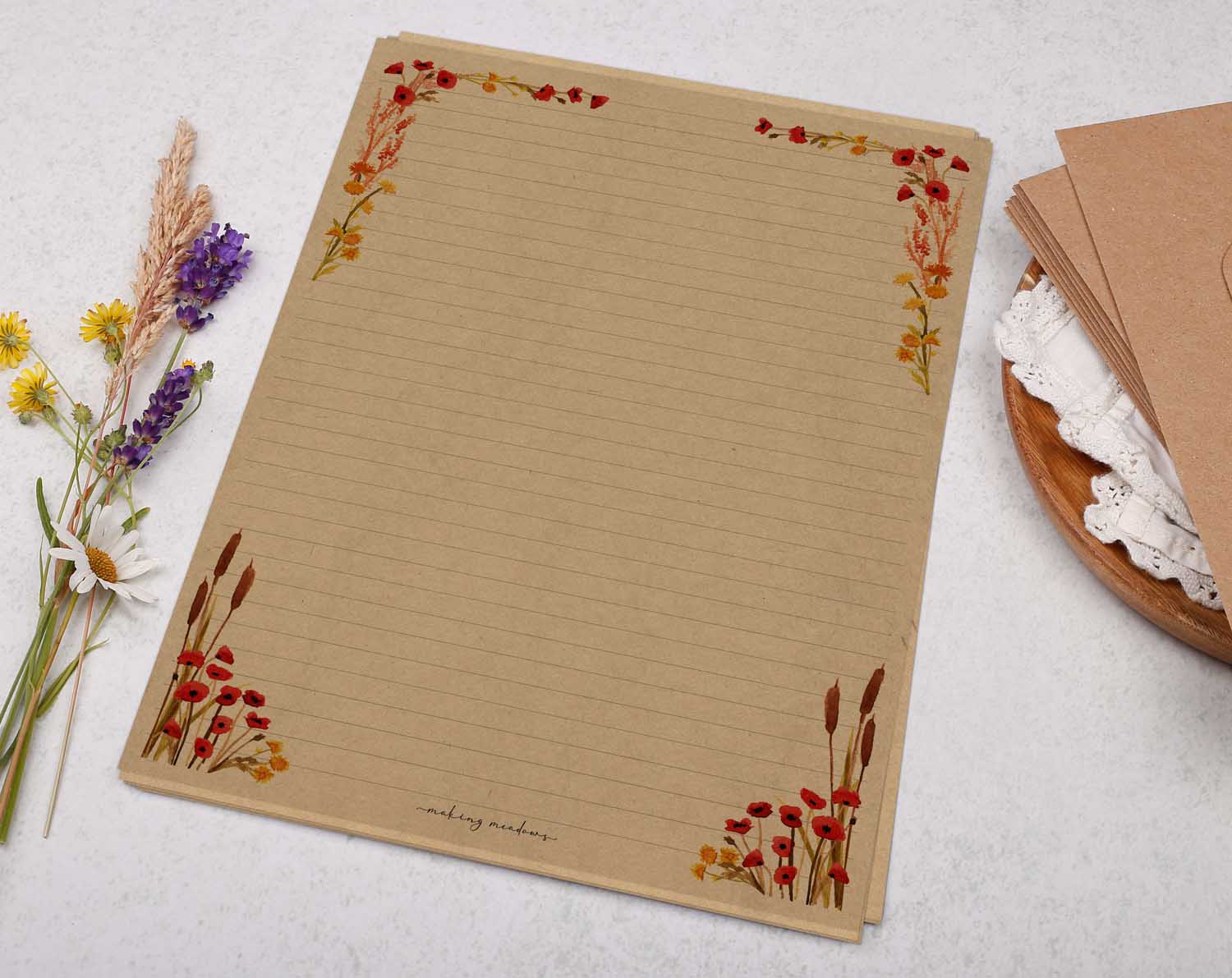 A4 kraft writing paper with reeds & poppy. Stationery designed by Making Meadows