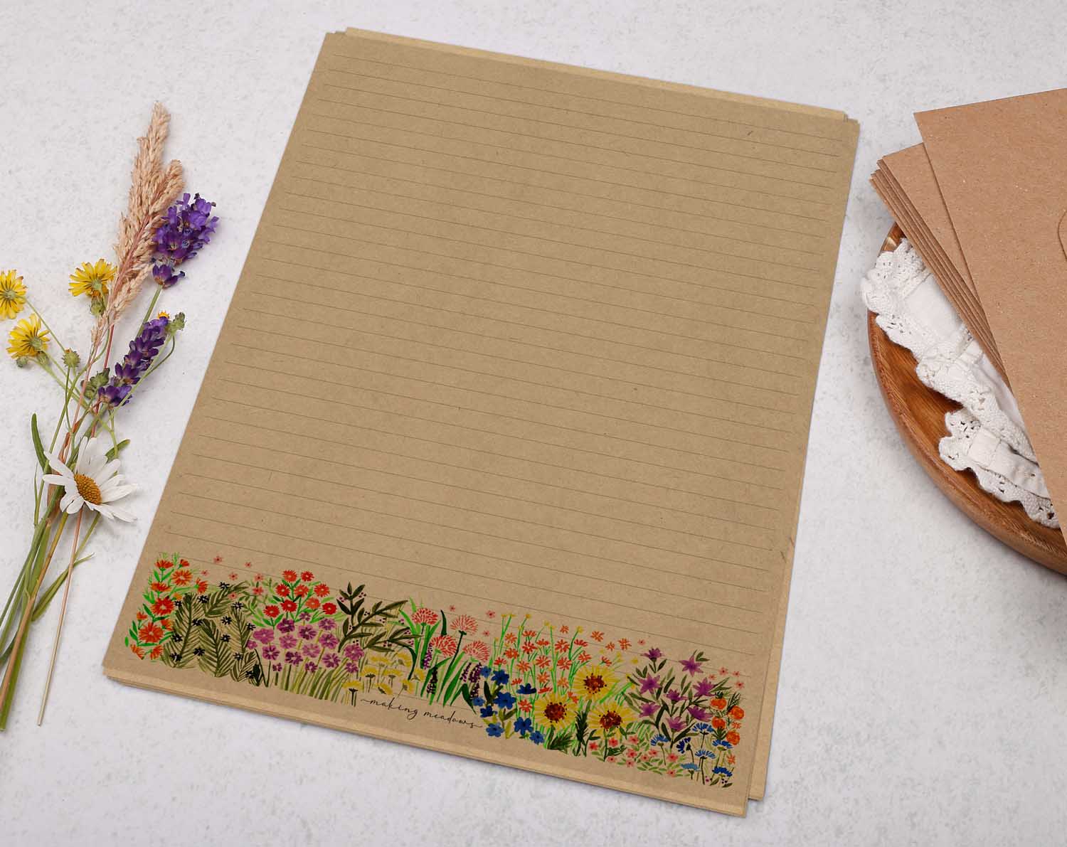 A4 kraft writing paper with watercolour flowers. Stationery designed by Making Meadows