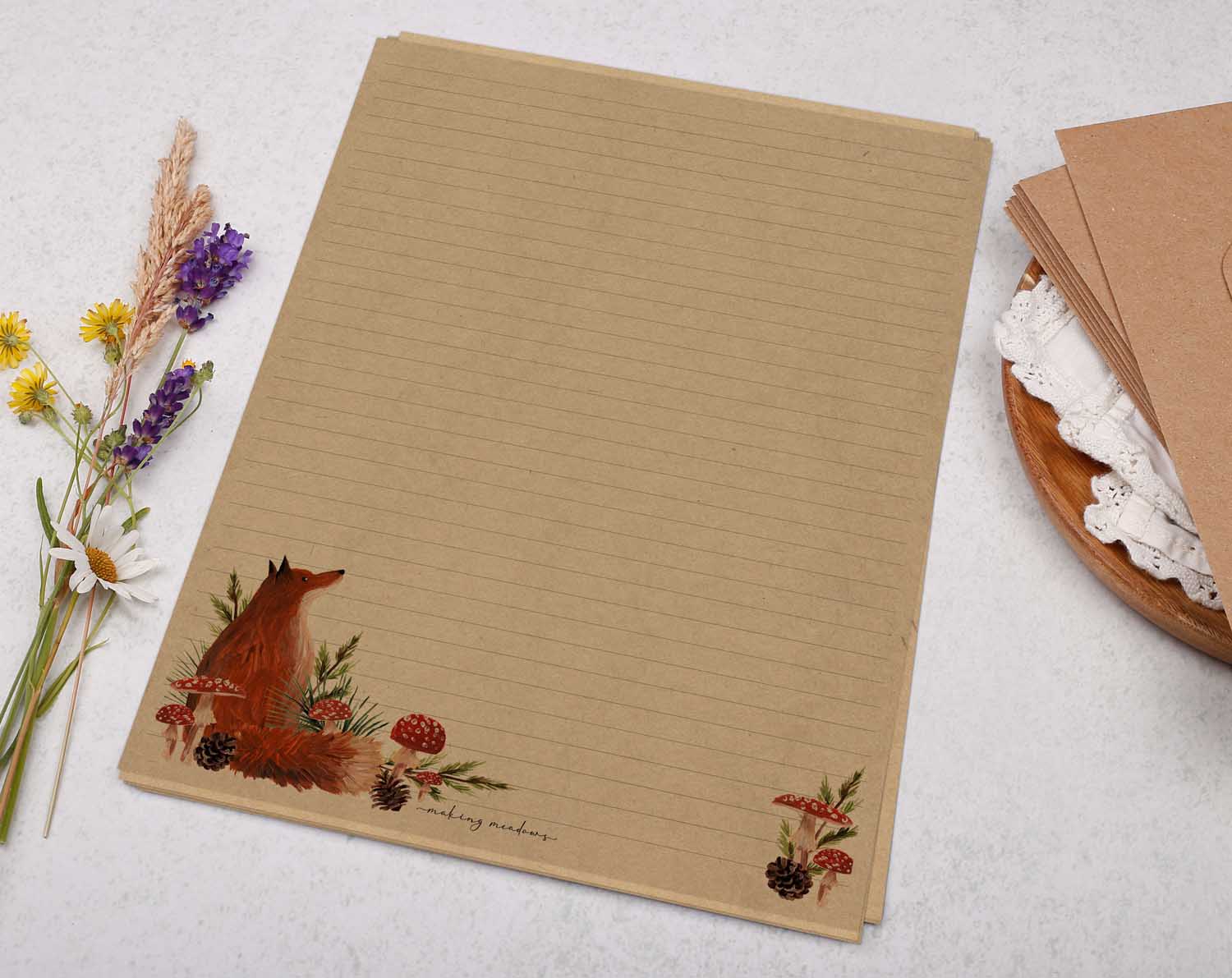 A4 kraft writing paper with woodland forest fox. Stationery designed by Making Meadows