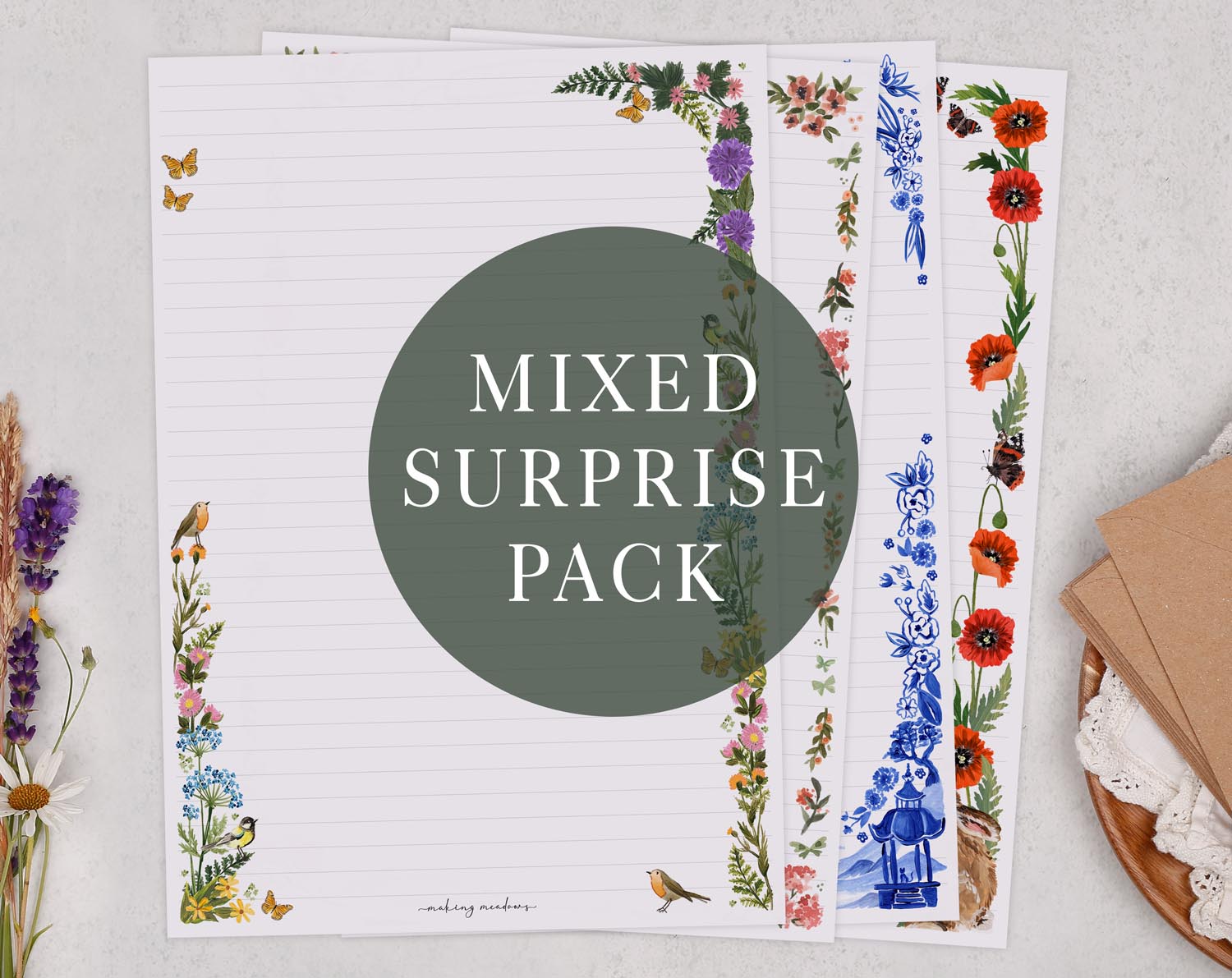A4 mixed pack writing paper with designs. Stationery designed by Making Meadows